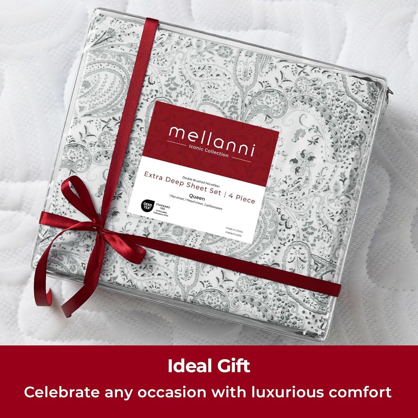 Mellanni Extra Deep Queen Sheets | 4-Piece Hotel Luxury Bedding Set - Ultra Soft, Cooling, Stain Resistant (Paisley Gray)