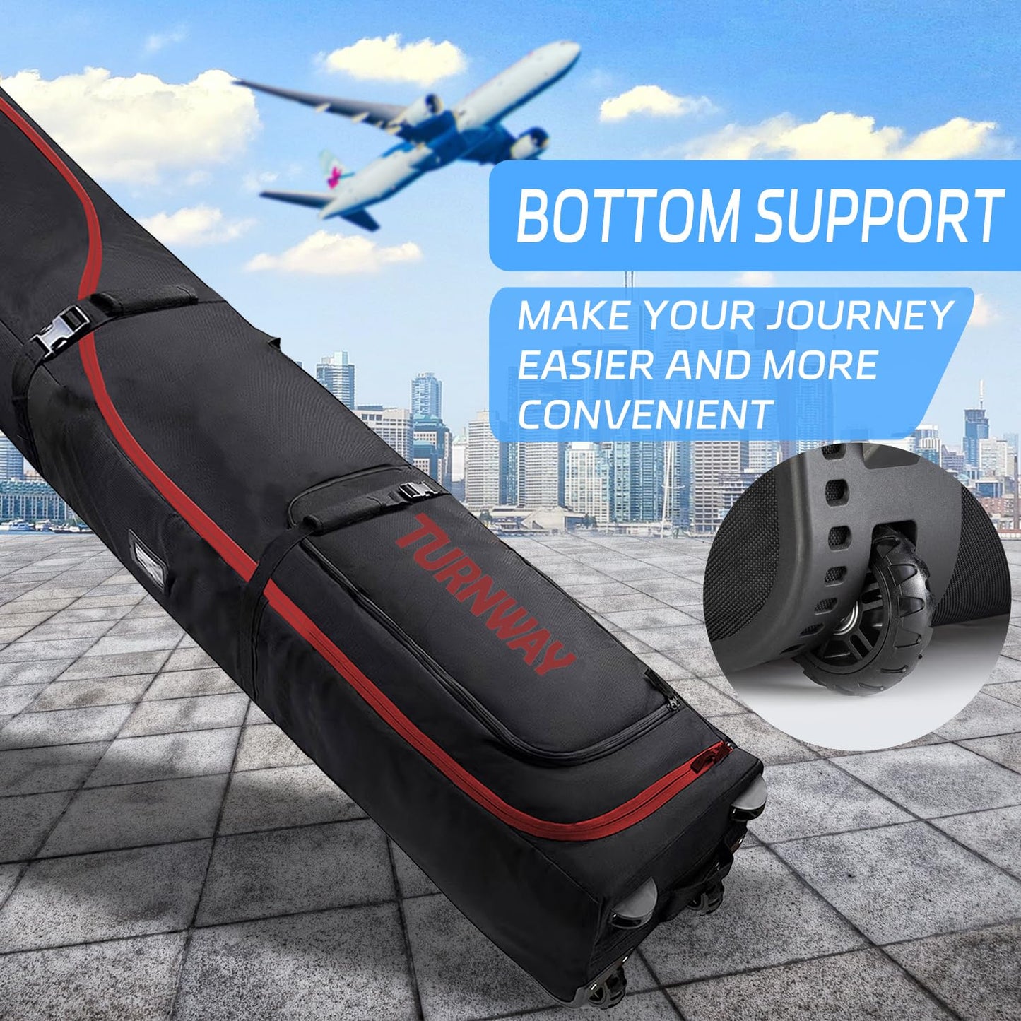 TurnWay Padded Ski Bag with Wheels for Air Travel, Double Rolling Snowboard Bag Heavy Duty Waterproof for Storage & Transportation of Snowboard/Ski Gear (Black-Red)