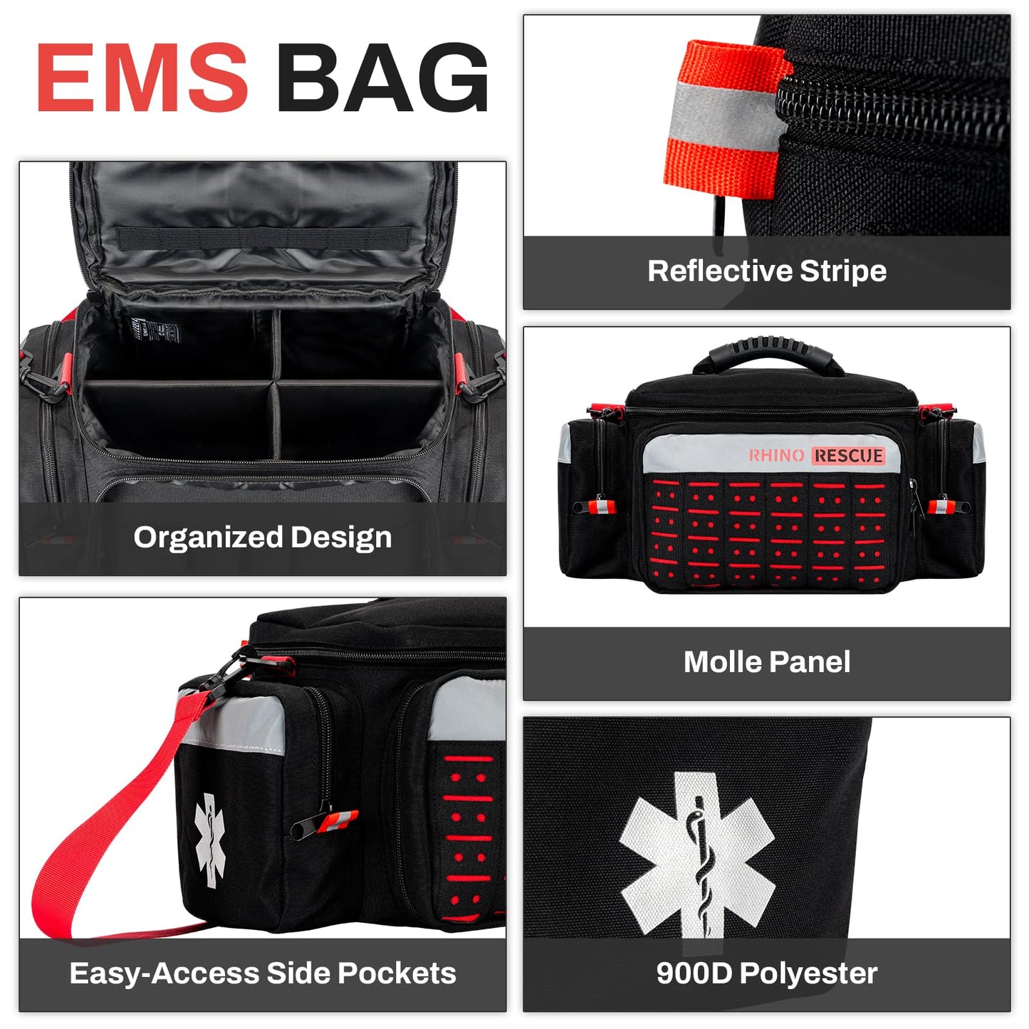 RHINO RESCUE First Responder First Aid Kit Fully-Stocked EMT Bag, Professional EMT/EMS Trauma Medical Kit, Molle System & Reflective Stripe, 300+ First Aid Supplies, Suits for Business, Home (Black)