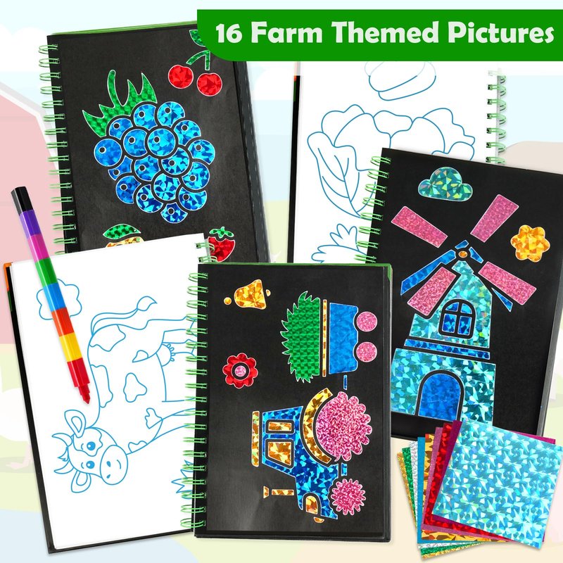 FUNNYB&G Foil Art Craft Kit for Girls 4-10 Years Old: Mess-Free & No-Glue, Create 16 Sparkly Farm Pictures – Perfect Travel Toy & Birthday Gift for Kids(Farm