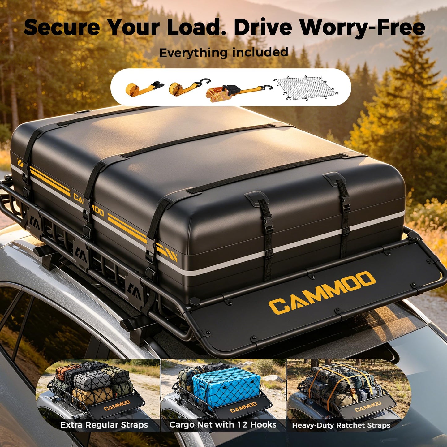 CAMMOO 64"x39" Roof Rack Basket, Removable Fairing & Support Bars for Kayaks/Long Gear, 20 Cu.Ft Waterproof Soft Bag+Lock+Net+Strap–200Lbs Capacity Car Roof Cargo Carrier for SUV Truck Camping