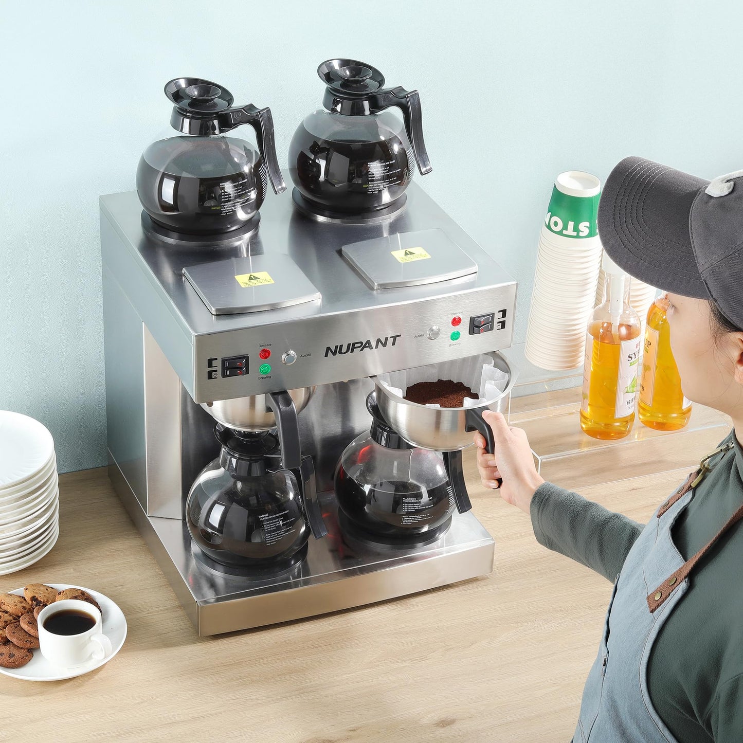 NUPANT Dual Drip Commercial Coffee Maker with Water Line 200 Cup/H 7.2L Auto-Filling Drip Coffee Maker Machine with 4 Carafes & 4 Warmers Stainless Steel Pour over Double Coffee Brewer for Restaurant