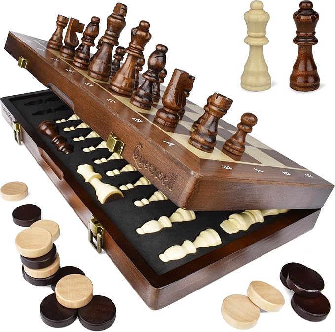 2 in 1 Magnetic Chess Set & Checkers Board Game for Adults and Kids - 15 Chess Tournament Chessboard with Magnetic Pieces - Free E-Book with Chess Puzzles