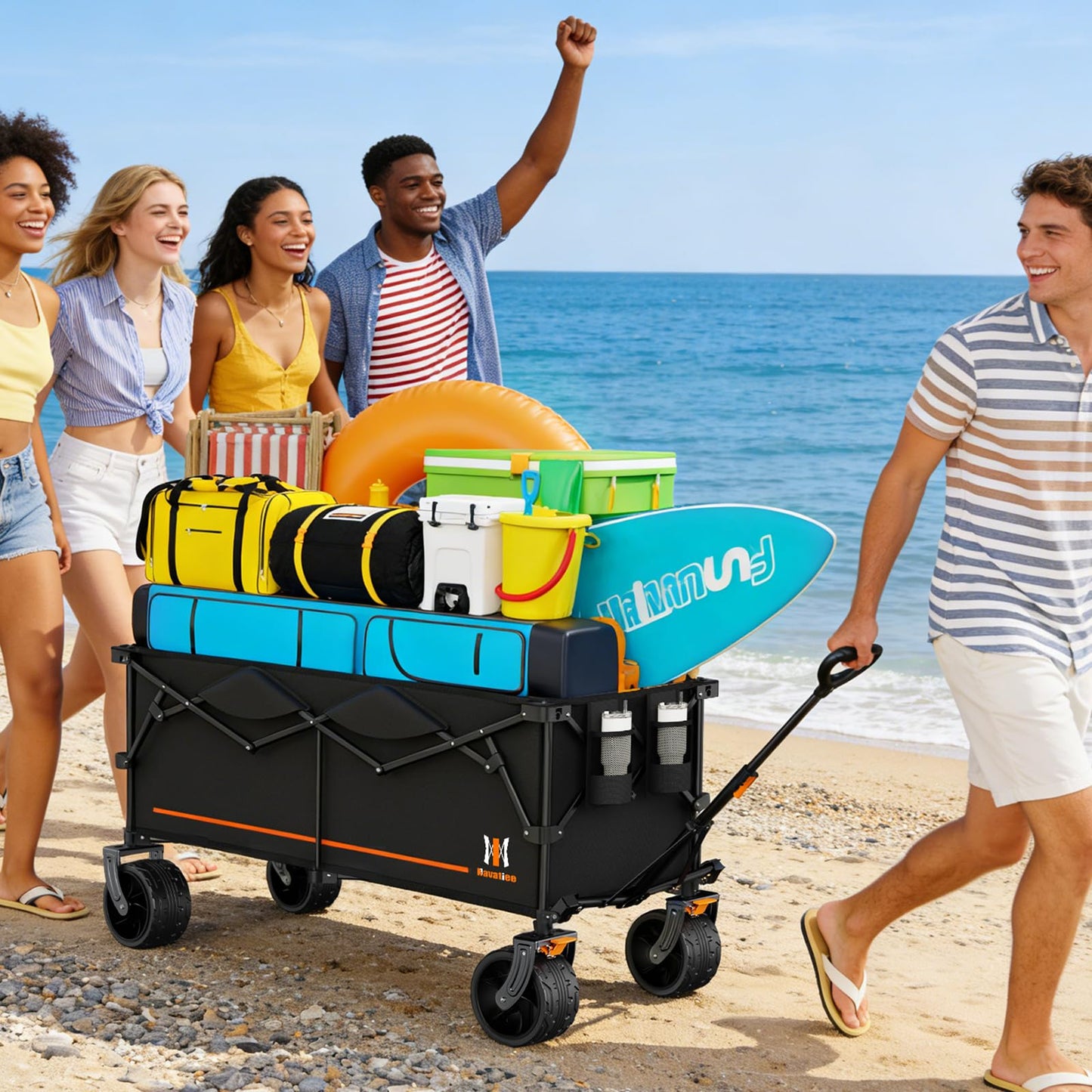 Navatiee 48" L Collapsible Extended Wagon, 440Lbs Heavy Duty Wagons Carts Foldable, 300L Extra Large Beach Wagon with Big All-Terrain Wheels for Sand, Folding Utility Garden Cart for Outdoor, Black
