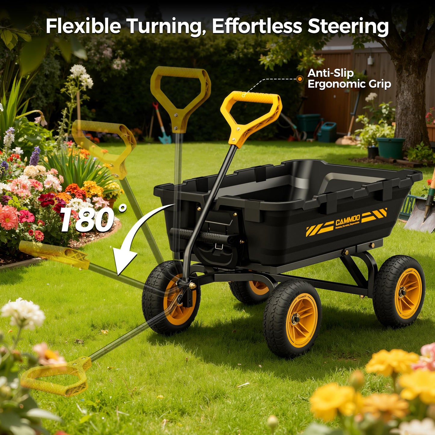 CAMMOO 10in NO-FLAT TIRES 900lb Heavy-Duty Garden Dump Cart DIY Expandable Capacity Over 4 Cu.Ft. Utility Wagon with Quick-Release Dumping & Prime Grade 100% Virgin Polypropylene-Not Recycled Material