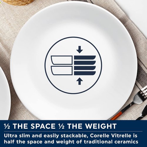 Corelle Vitrelle Dinner Plates Set - 4-Piece 10.25" Chip & Crack Resistant Glass | Winter Frost White