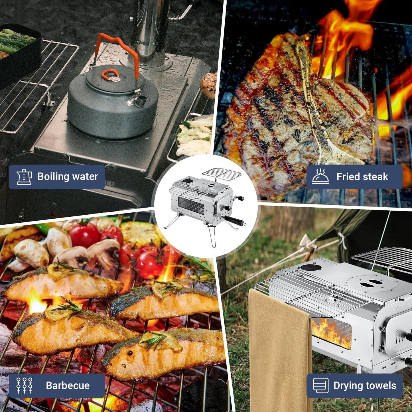 KingCamp Hot Tent Stove, Foldable Camping Stove with Large Firebox, 5.6ft Winter Camping Stove for Tent, Shelter, Cabin Heating, With Chimney Pipes, Heat Resistant Glass & Gloves for Outdoor