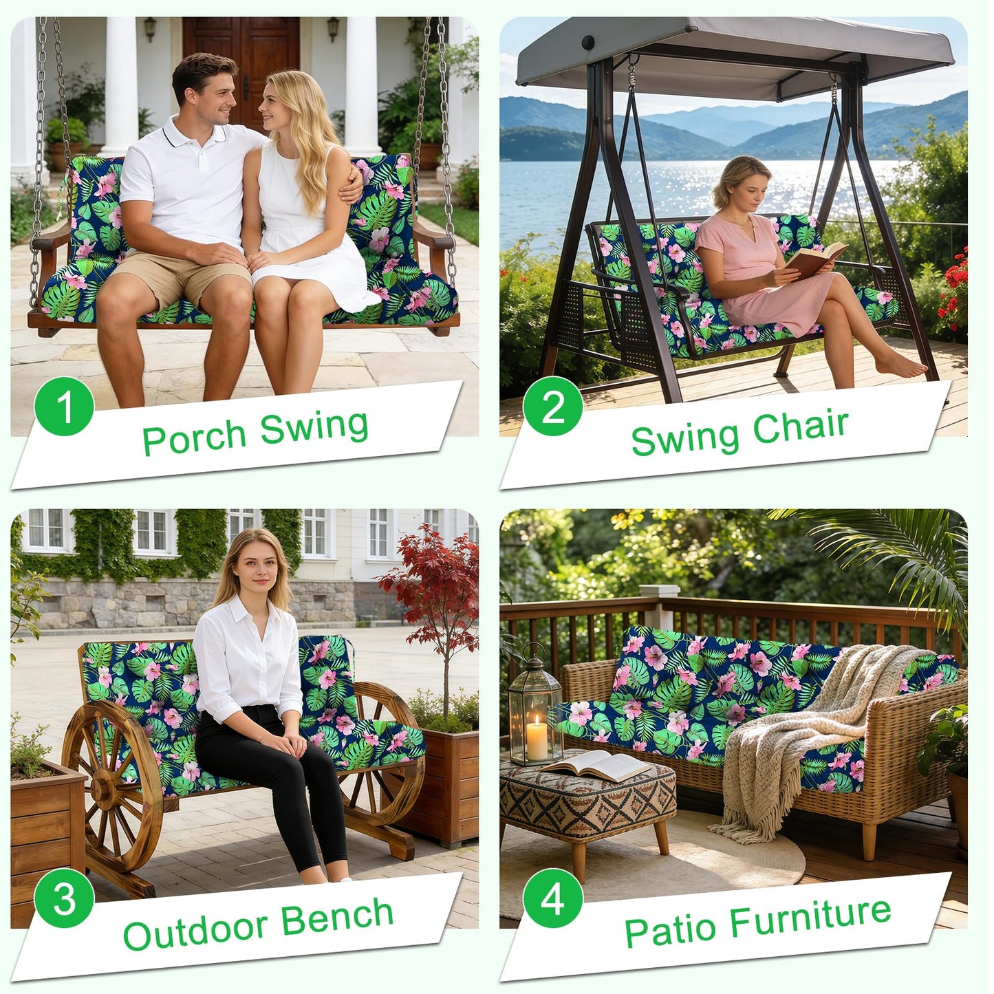 Boaisdus Porch Swing Cushions 48 inch Waterproof & Fade Resistant Thicken 5" Outdoor Swing Cushions 2 Seater Replacement with Backrest & Ties Patio Swing Cushions for Outdoor Furniture (Green Leaves)
