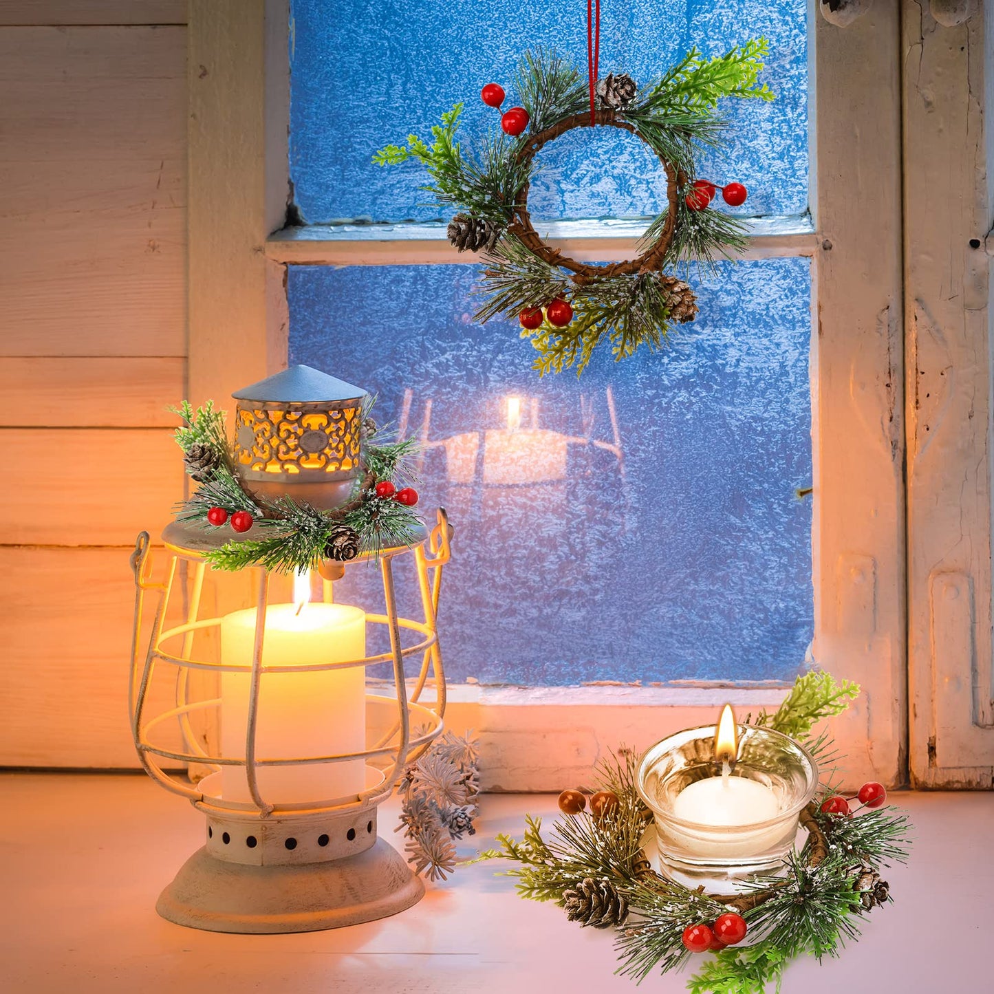 Dingion 12 Pcs Christmas Votive Candle Holder Set Xmas Table Centerpiece with Christmas Berry Candle Ring Decorative Glass Tealight Holder for Wedding Christian Church Xmas Holiday Table Decoration