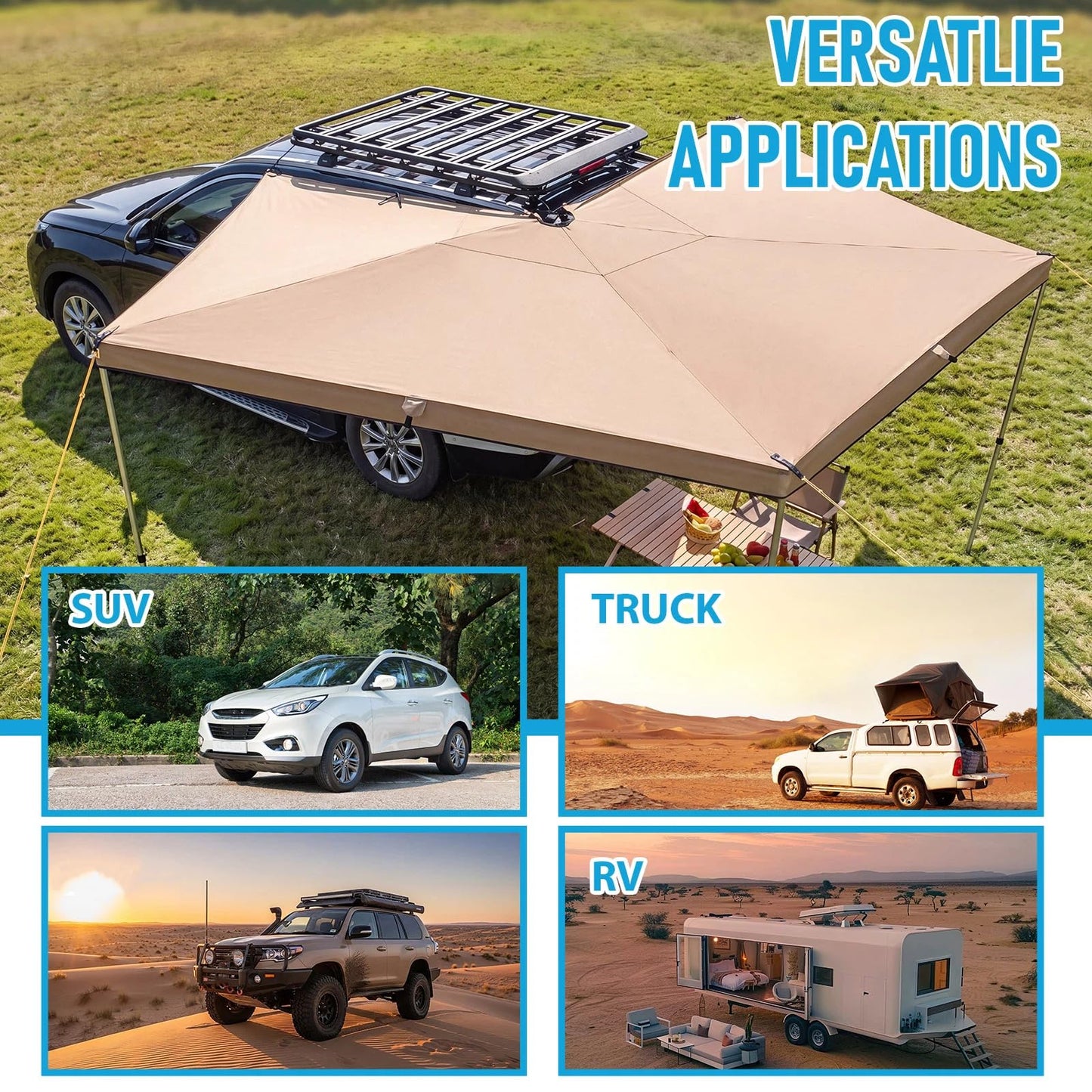 Canchiing 270 Degree Awning for SUV Truck RV, Heavy Duty Waterproof Car Awning with UPF 50+ Sun Protection, Easy Setup Overland Driver Side, 65 Sq Ft Coverage for Camping Outdoor