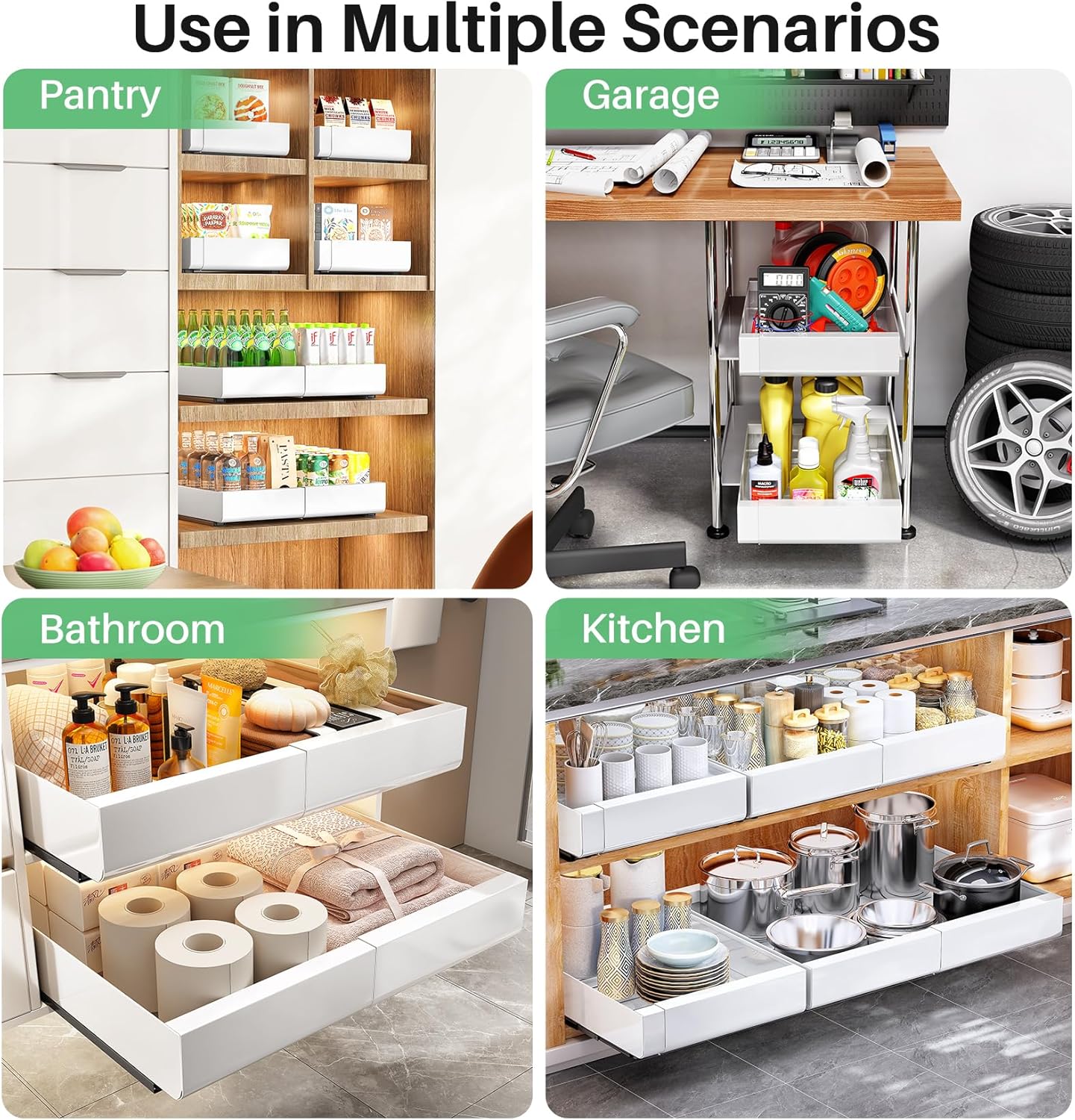 Skiennix Pull-Out Cabinet Organizer - Expandable Heavy-Duty Slide-Out Drawers (12"-20") for Kitchen Storage