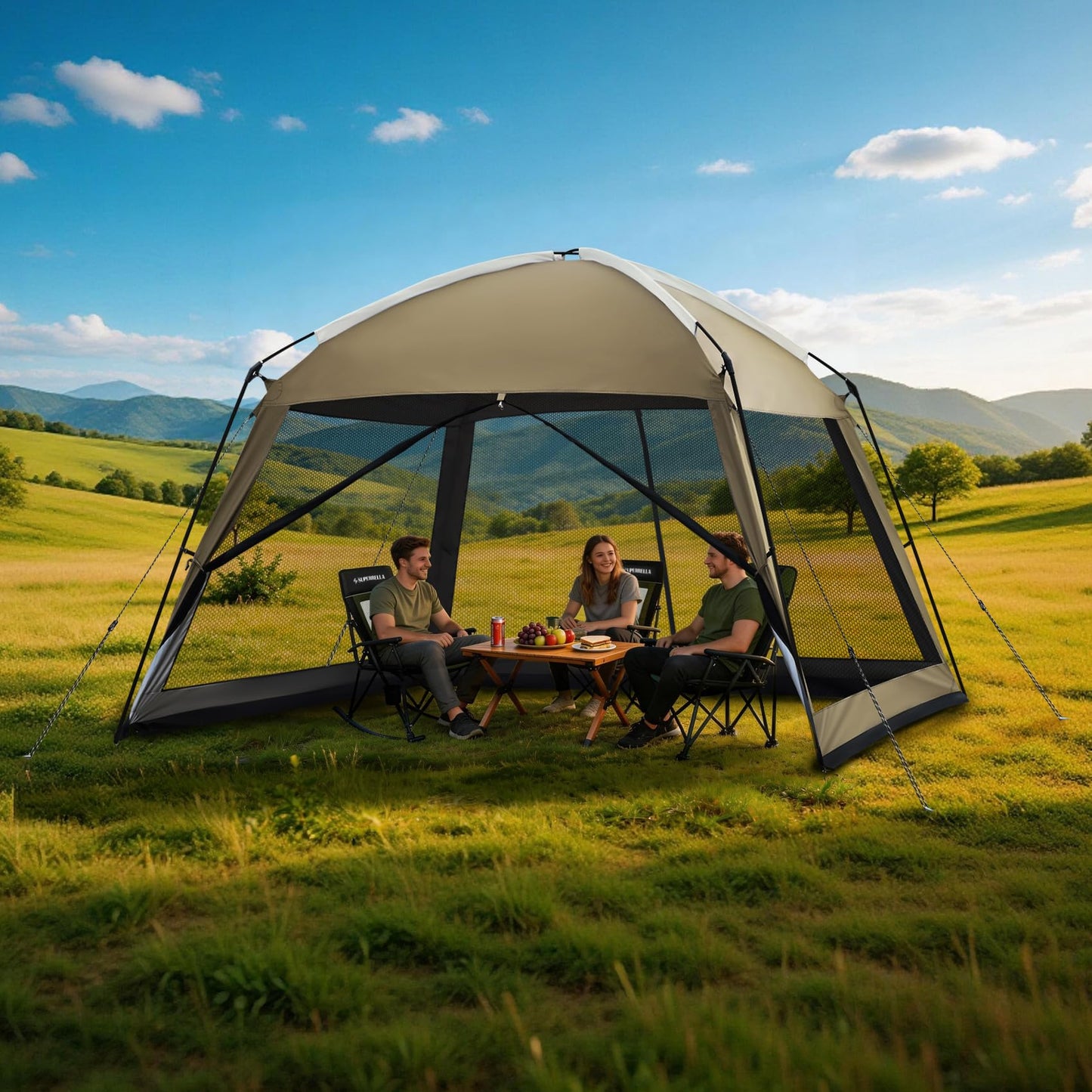 Superrella 12 x 12 FT Camping Screen Tent for 8-10 Person, Easy Setup Screen House with UV 50+ Sun Protection & Mosquito Net for Camping, Backyard, Picnic, Patio, Outdoor, Kakhi