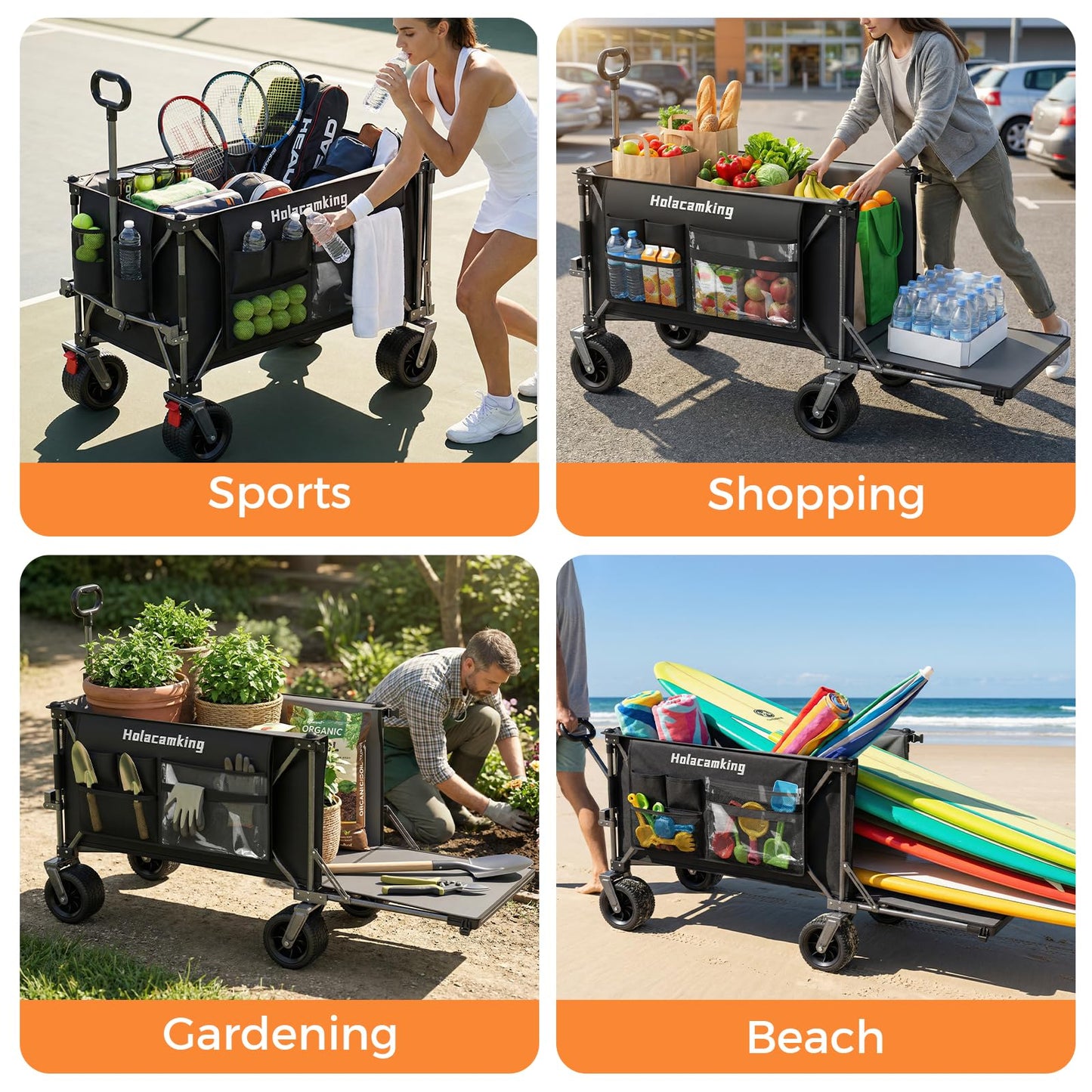 Holacamking 58”L Extender Collapsible Wagon, Extra Long Foldable Wagon Cart with Extended Tailgate, Heavy Duty Rolling Utility Cart with All-Terrain Big Wheels for Shopping Sports Beach, Black