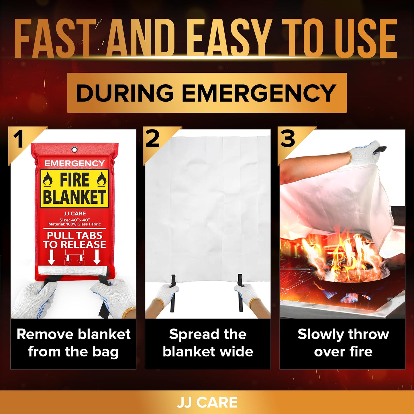 JJ CARE Fire Blanket – 14 Packs with Hooks and Gloves – 40"x40"-Emergency Fire Blanket for Home & Kitchen, High Heat Resistant Fire Suppression Blankets for Home Safety, Kitchen, and Camping