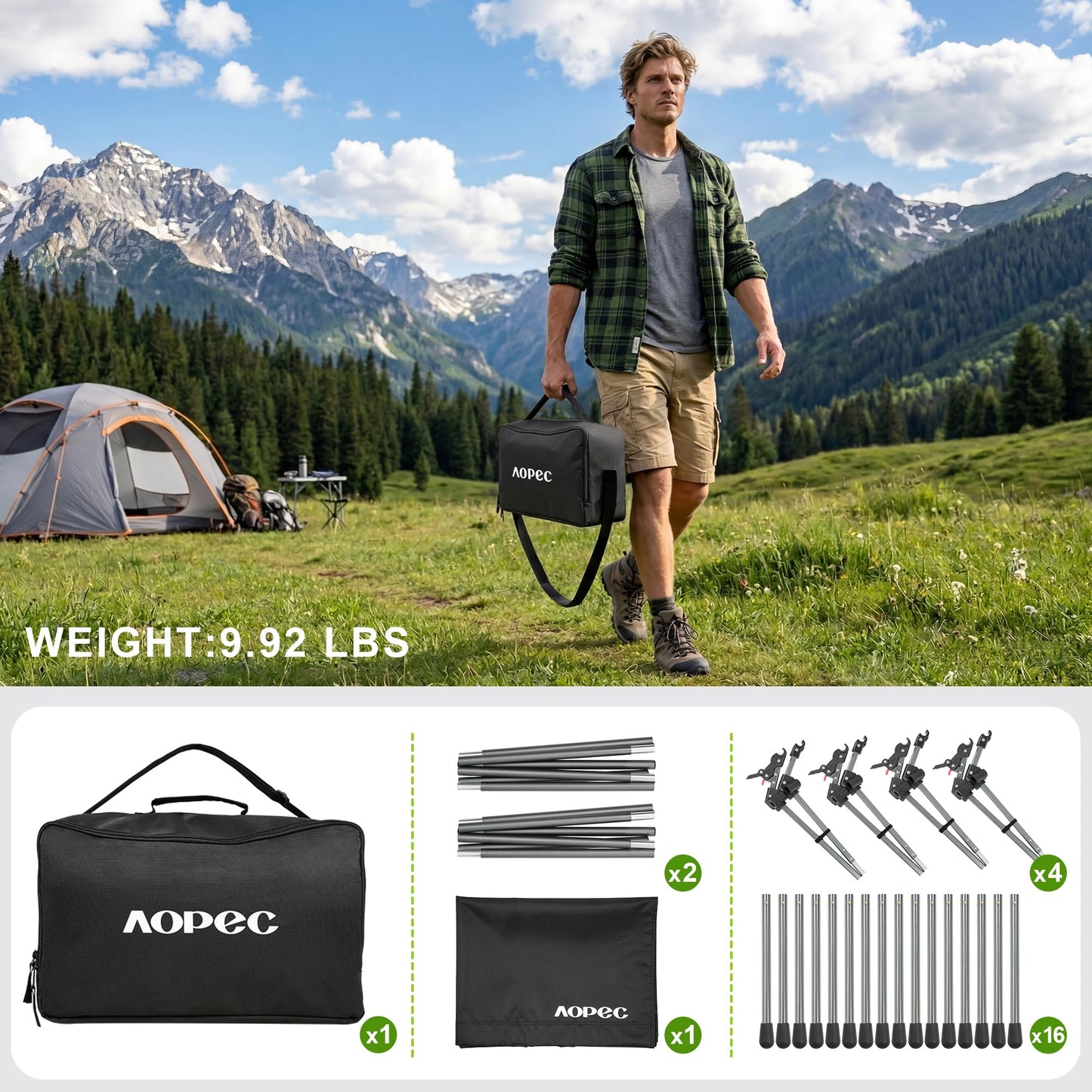 AOPEC 87" Camping Cot, Heavy Duty 400lbs Capacity, Adjustable Height with Leg Extenders, Lightweight Aluminum Frame Portable Folding Bed for Camping,Travel, Beach, Office Nap