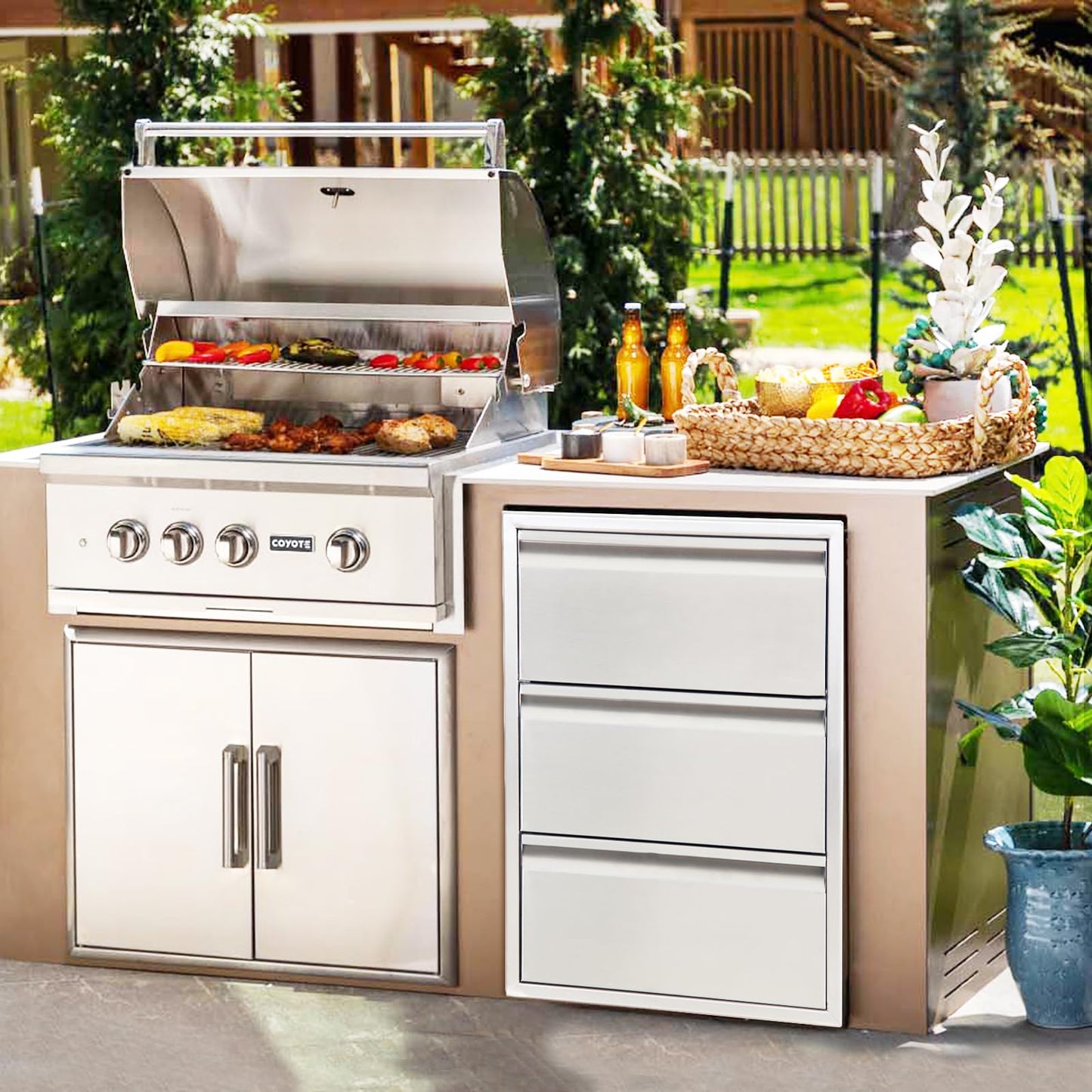 Outdoor Kitchen Access Drawers with Paper Towel Holder,16" W x 21" H x 23"D Stainless Steel Flush Mount BBQ Drawers with Grooved Handle,for Outdoor Kitchen Island or Patio Grill Station,3-Layer