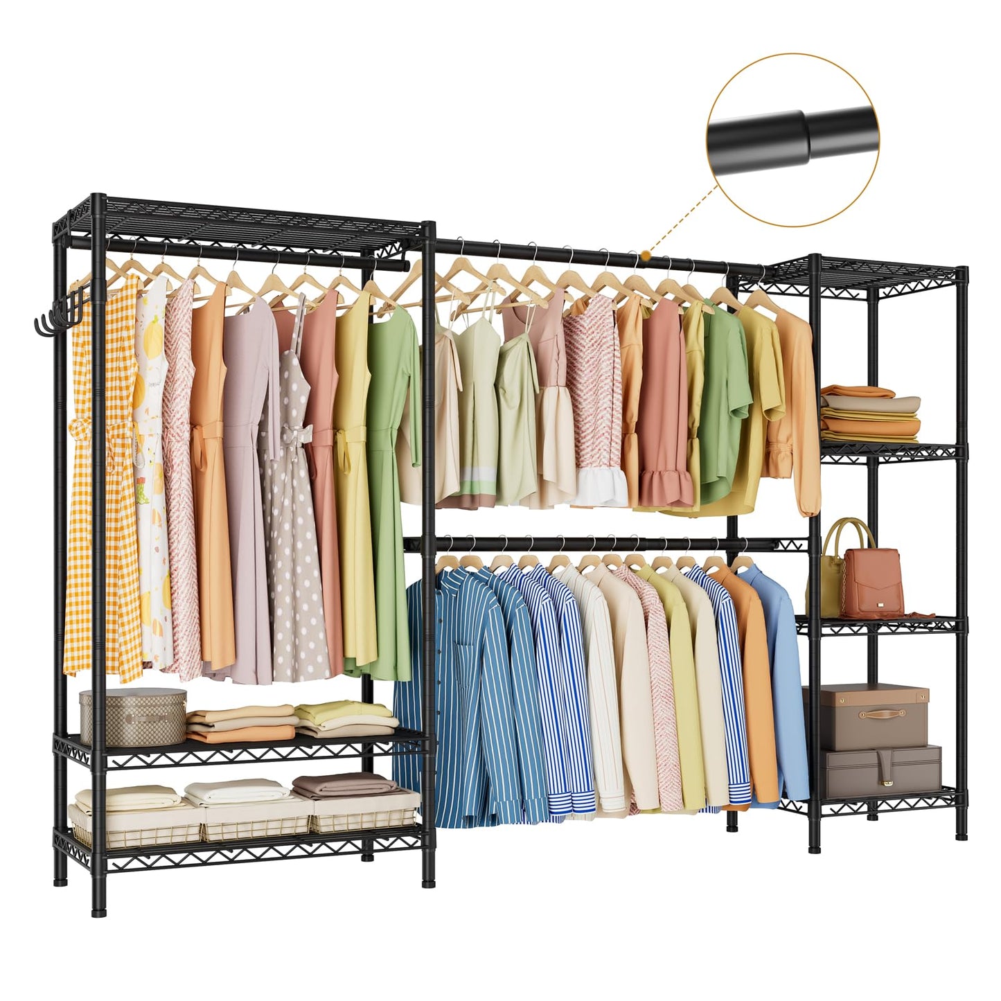 Golpart Heavy Duty Garment Rack Clothes Rack,Large Metal Closet Organizer System Storage Wardrobe,Freestanding Clothing Rack with 7 Adjustable Wire Shelves&3 Hang Rods,MaxLoad 1500lbs