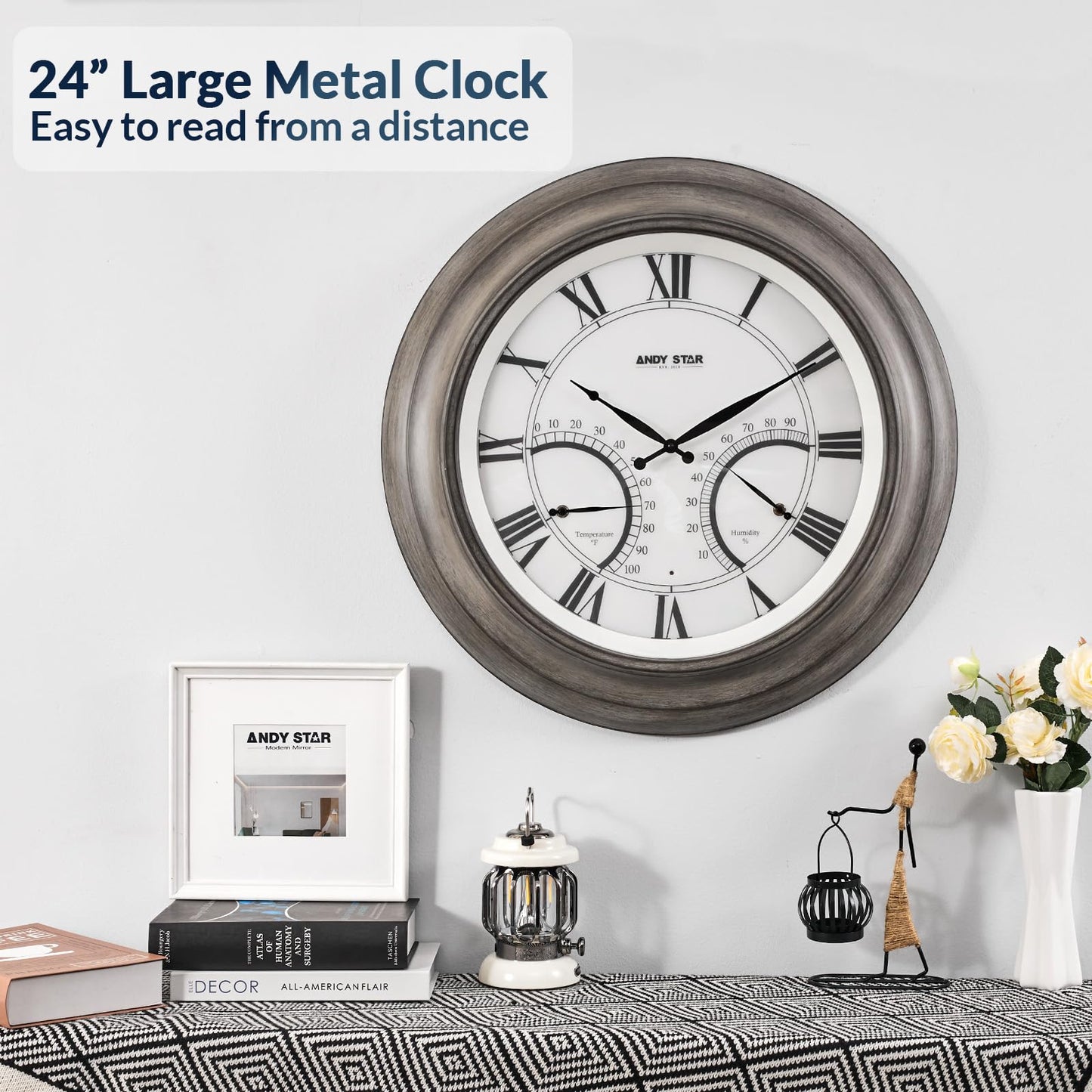 ANDY STAR 24 Inch Outdoor Clocks Waterproof,Large Outdoor Wall Clocks for Garden Patio Pool, Modern Lighted Metal Clock Battery Operated with Thermometer&Hygrometer, Gray Oak Wooden Non Ticking