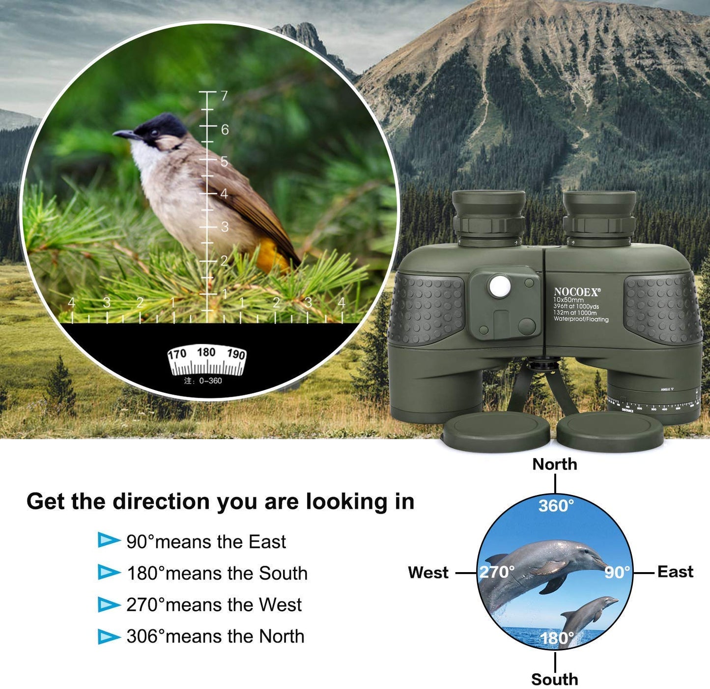 NOCOEX 10x50 Marine Binoculars for Adults, Military Binoculars Waterproof with Rangefinder Compass BAK4 Prism FMC Lens Fogproof for Navigation Boating Fishing Water Sports Hunting