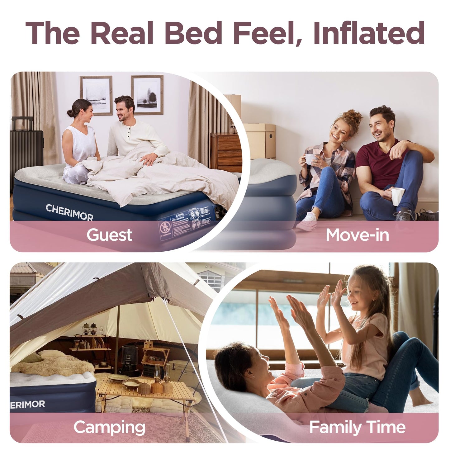 CHERIMOR Queen Air Mattress with Built in Pump, 20.5" Elevated Integrated Pillow Top Blow Up Mattress, Supports 800 lbs, Portable 3 Min Self Inflating Inflatable Bed for Guests, Home & Camping