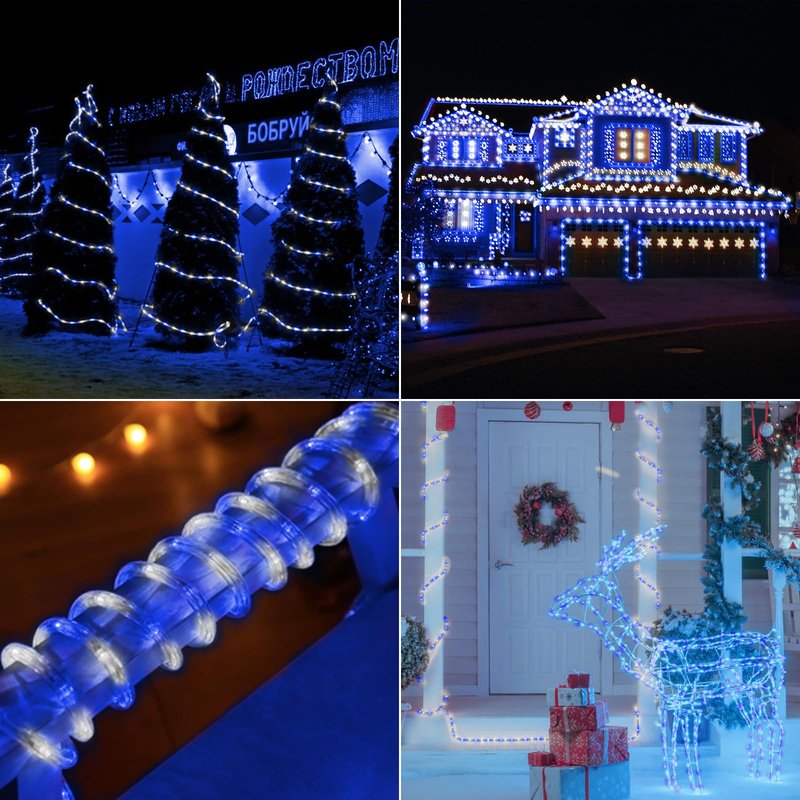 100ft LED Rope Lights Outdoor, 720 LED Connectable and Flexible Tube Lights with 8 Modes, Waterproof LED Rope Lighting for Garden Patio Bedroom Party Pool Indoor Outdoor Christmas Decor (White & Blue)