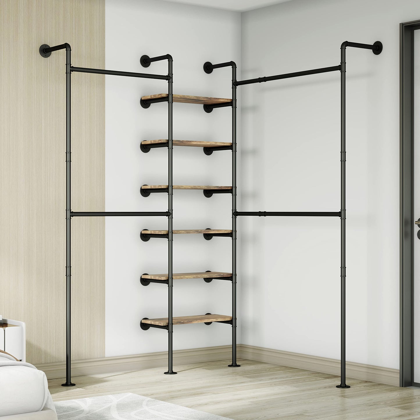 HKaikzo Wall Mounted Closet System 85" H×81" W, Industrial Pipe Clothing Rack for Walk-in Closet with 6 Shelves, Heavy Duty 200LBS Garment Rack, Color-Coded Assembly, 3 Layout Options, Black