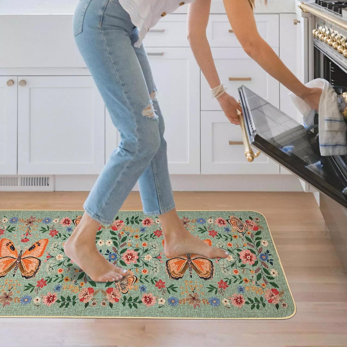 SHIYUE Boho Kitchen Mat Set of 2, Green Butterfly Flower Kitchen Rugs Farmhouse Modern, Non Skid Washable Rubber Runner Rugs, Kitchen Decor Accessories(17x47in+17x30in)