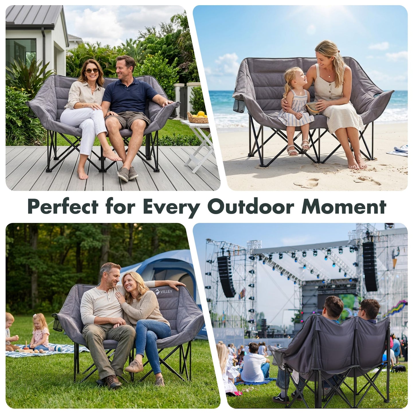 VILLEY Oversized Double Camping Chair, Heavy-Duty Folding Loveseat Camp Chair with Cup Holders, 2 Person Outdoor Chair Supports up to 900 lbs for Camping, Beach, Lawn & Sports, Grey