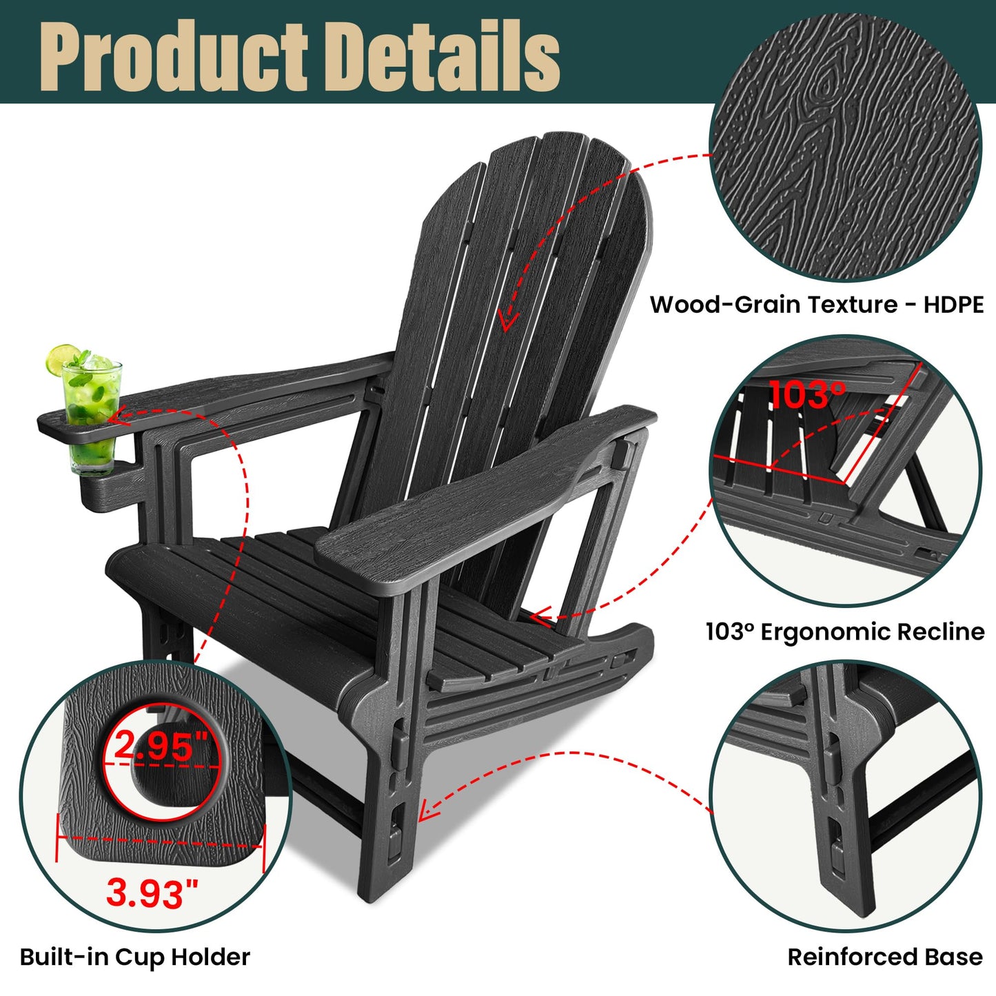 Adirondack Chair with Cup Holder,Tool-Free Assembly,No Screws Needed,All-Weather HDPE Plastic Outdoor Patio Chair,Wood-Grain Slatted Look,Easy to Take Apart for Storage,Fire Pit Chairs(Classic Black)