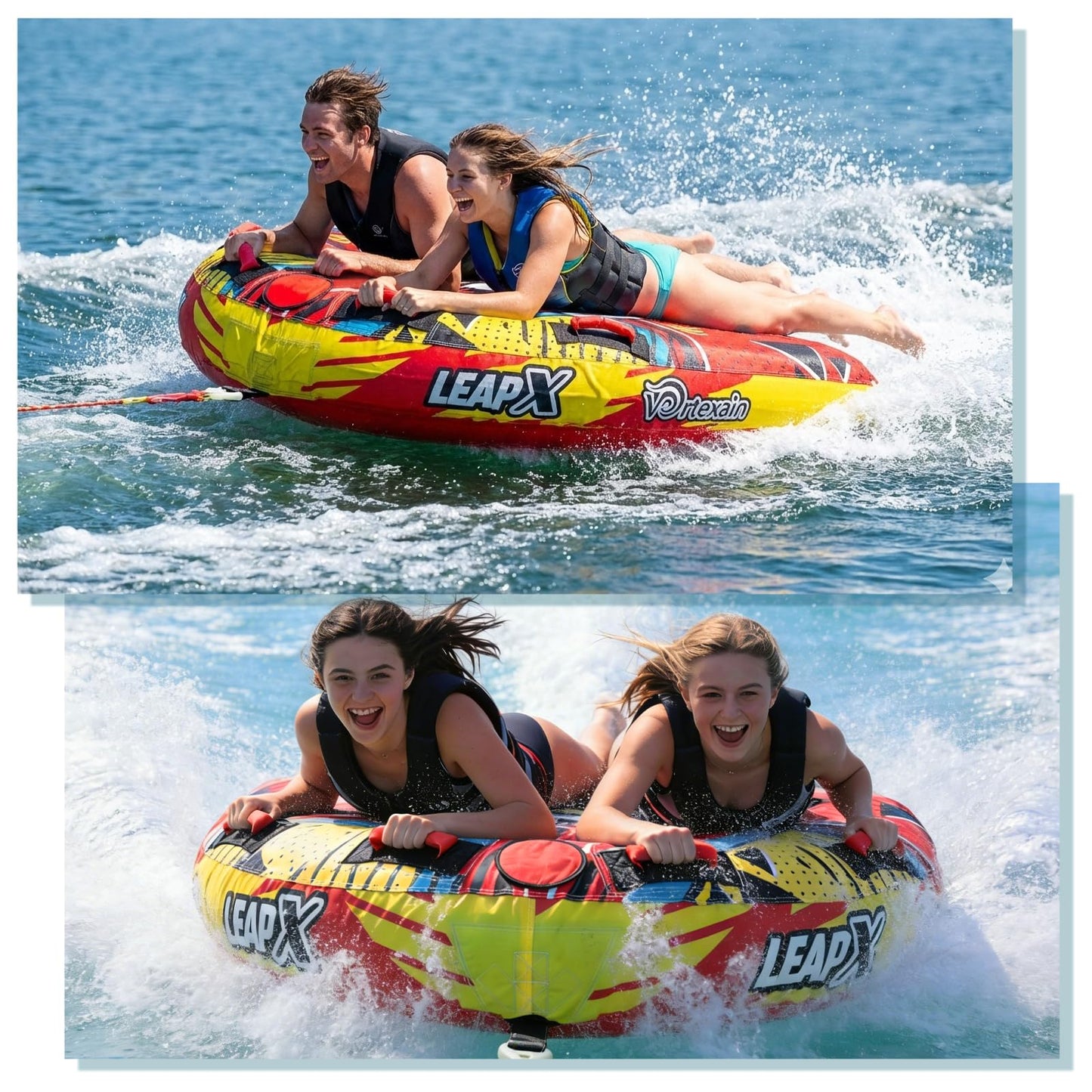 Vortexain Towable Tubes for Boating, 1-2 Person Heavy Duty Inflatable, Water Sports Boat Tube for Tubing with Handles, Thick Nylon EVA Cover, Speed Safety Valve Tow Points for Adults Kids Gifts