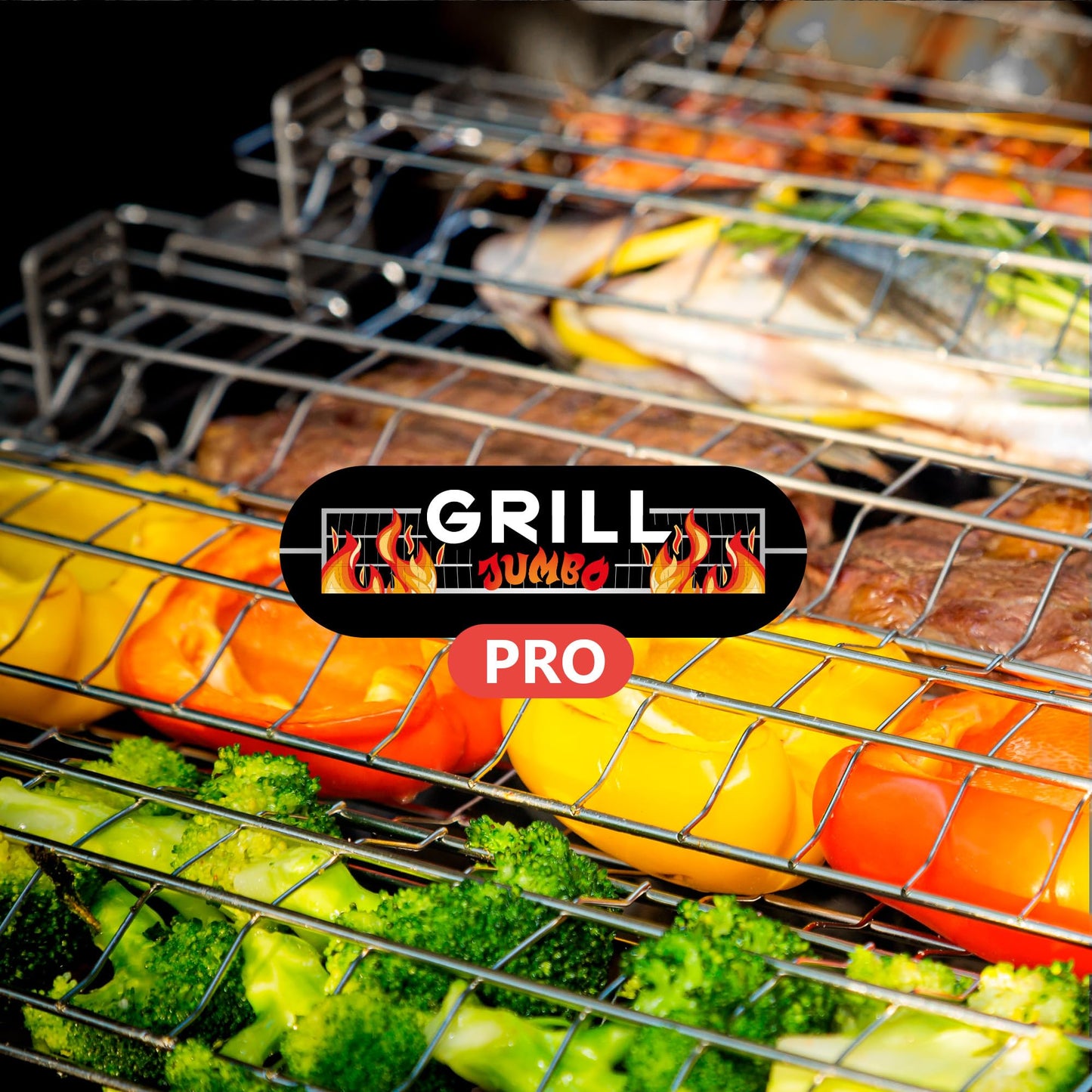 GRILL JUMBO - Set of Grate Basket Adjustable Meshes for Grilling for Charcoal, Gas Grill, Tandoor BBQ, Smoker for Home, Outdoor, Restaurant (Stainless steel, Grill Jumbo Basic)