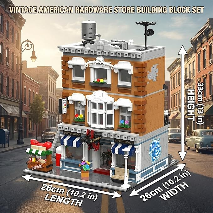 Vintage American Hardware Store Building Blocks 3-Story Modular Street View with Hot Dog Cart & 7 Figures 3642 Pieces Adult Building Kit Collectible City Architecture Model