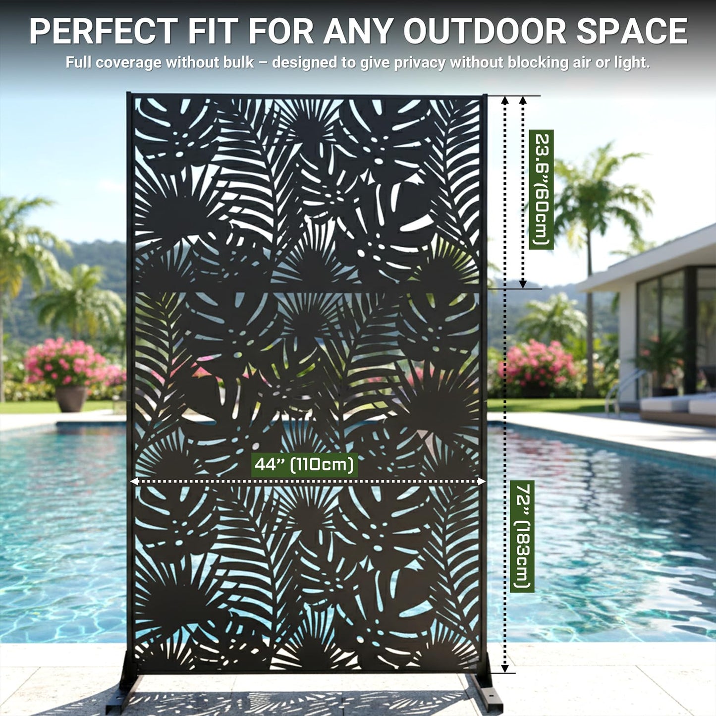 Metal Privacy Screen Outdoor โ 72in Decorative Laser Cut Steel Garden Divider Panel with Tropical Leaf Design, Weatherproof Freestanding Modern Privacy Fence for Patio, Deck, Backyard & Balcony