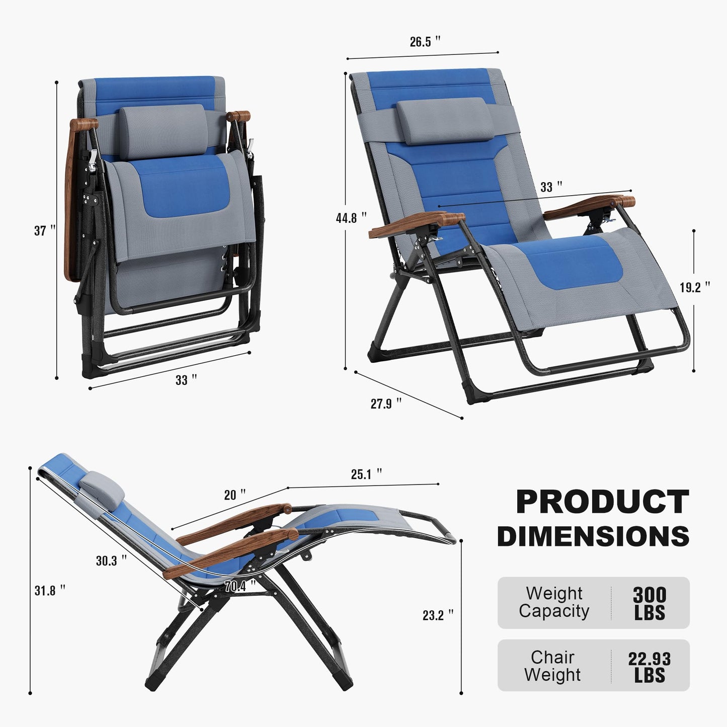 PURPLE LEAF Extra Wide Outdoor Reclining Chair Patio Zero Gravity Chaise Lounge Folding Chair with Quilted Cushion Adjustable Headrest for Lawn Camping Beach Pool Grey and Navy Blue