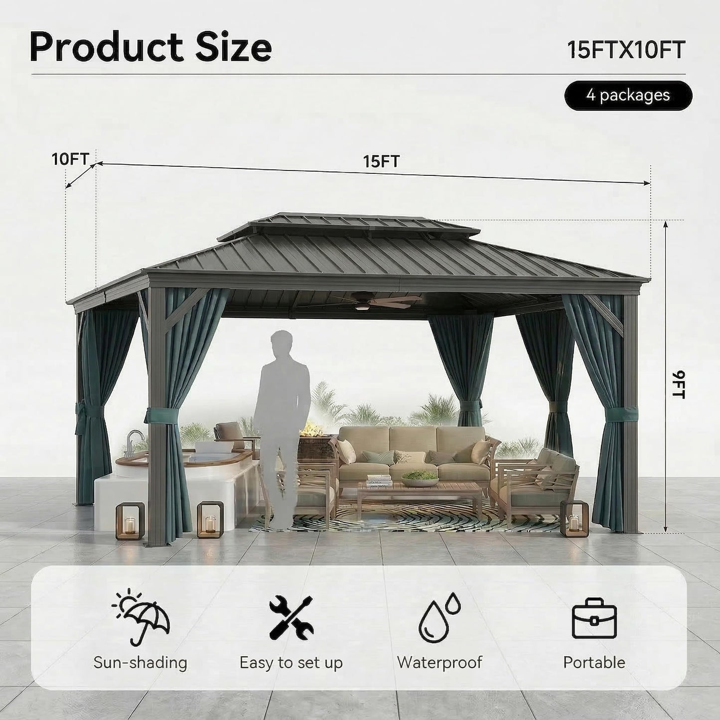 HOTEEL 10x15 Hardtop Gazebo with Flame-Retardant Curtain & Netting, Hot Tub Gazebo with Galvanized Steel Double Roof, Heavy Duty Permanent Pavilion Outdoor for Patio, Frame Thickened, Black(Upgraded)