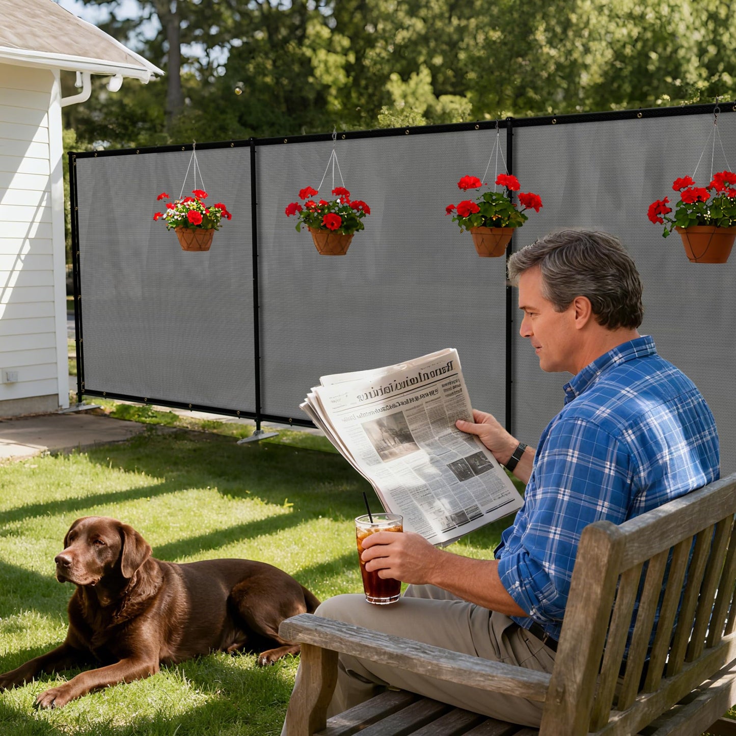Windscreen4less Outdoor Privacy Fence Screen, 5'x24' Freestanding Privacy Fencing Set with Iron Poles and Ground Spikes, UV Resistant Mesh Cover Garden Pet Fencing for Backyard Patio Pool, Light Gray