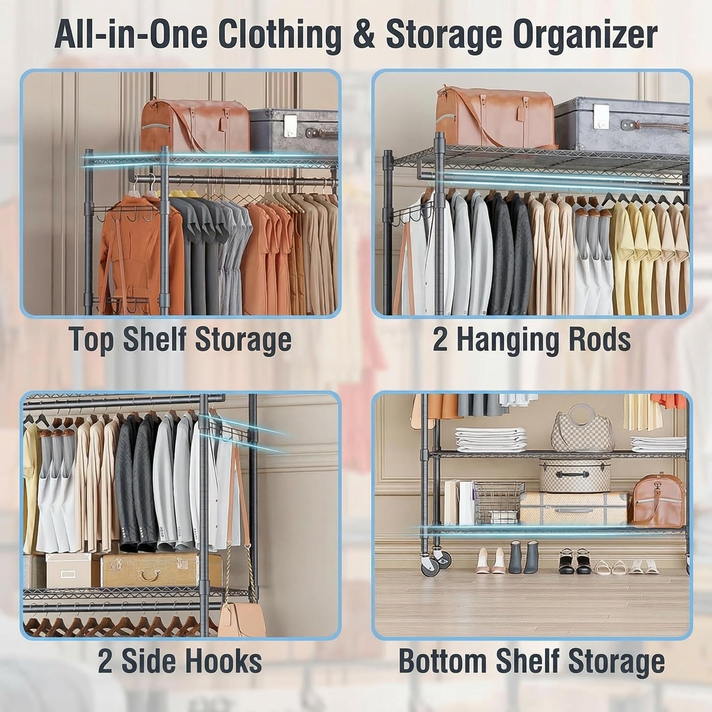 Homdox Rolling Clothes Rack Heavy Duty, 3-Tier Adjustable Wire Shelving Garment Organizer with Double Rods & Hooks, Portable Clothes Rack with Wheels, 17.72" D x 47.24" W x 80.71" H, Grey
