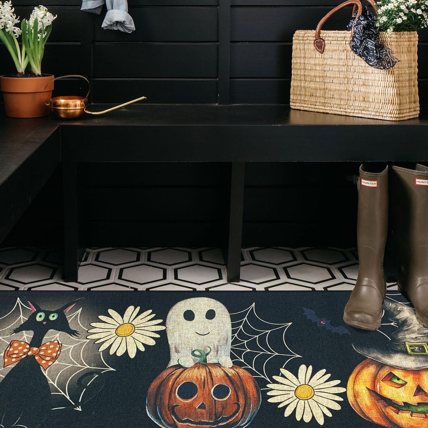 SHIYUE Halloween Kitchen Mat Set of 2, Ghost Pumpkin Boo Kitchen Rugs Farmhouse Modern, Non Skid Rubber Runner Decor Rugs(17x47in+17x30in) Black