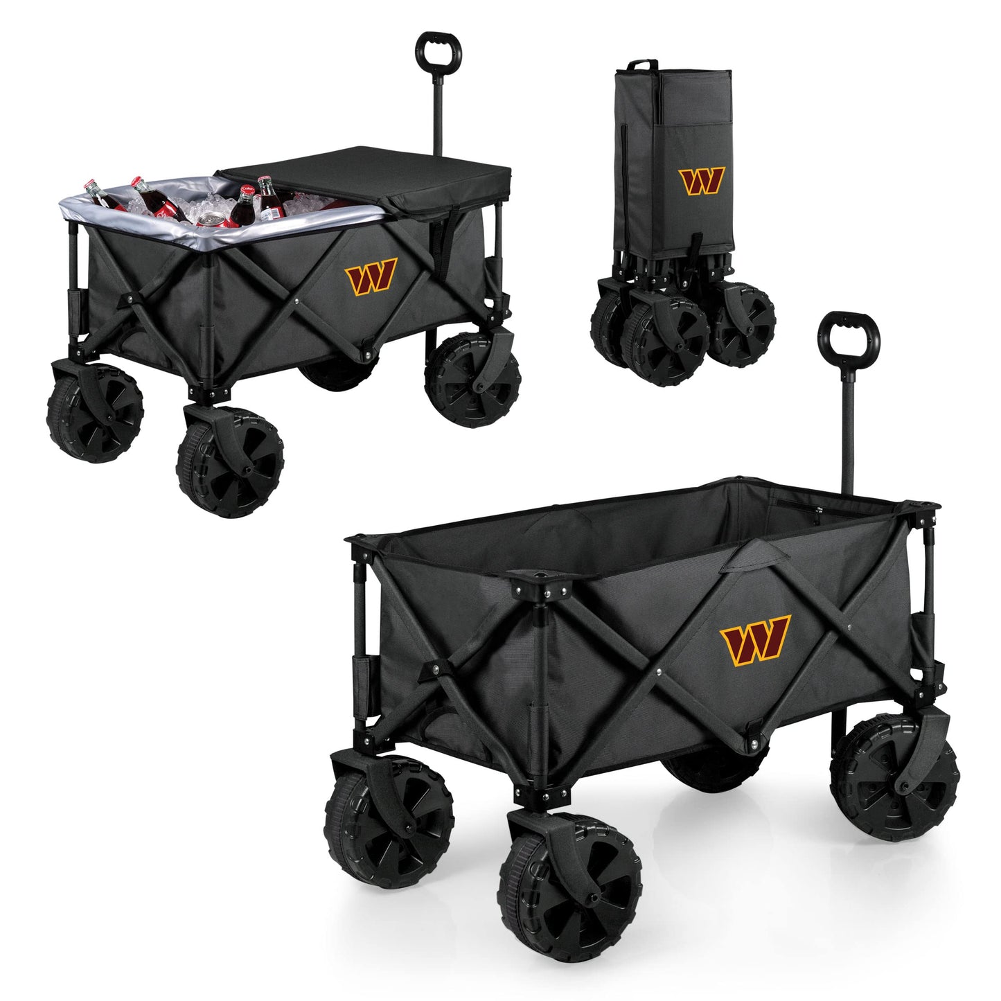 PICNIC TIME NFL Washington Commanders Adventure Wagon Elite All-Terrain Folding Beach Wagon with Big Wheels Plus Table Top Lid & Soft Cooler Liner, Collapsible Utility Wagon, (Dark Gray)