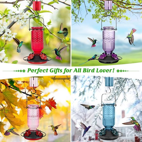 FEED GARDEN Glass Hummingbird Feeder - 16 oz Outdoor Feeder with Bee-Proof Ports & Ant Moat, Purple
