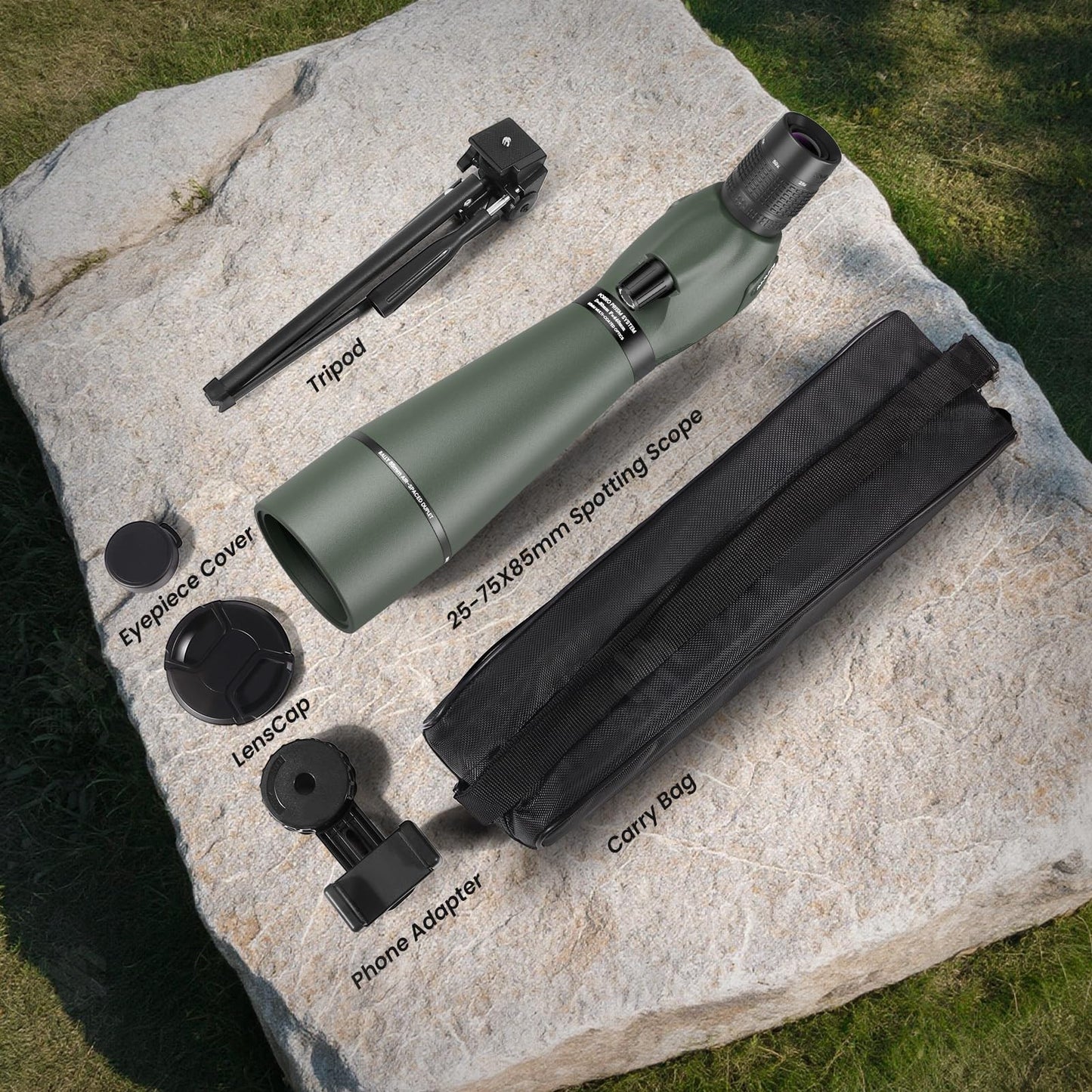 25-75x85 Spotting Scope with ED Glass, Phone Adapter, Tripod & Carrying Bag - Fully Multi-Coated BAK4 Waterproof Zoom Spotter Scope for Bird Watching, Wildlife Viewing, Hunting (Green)