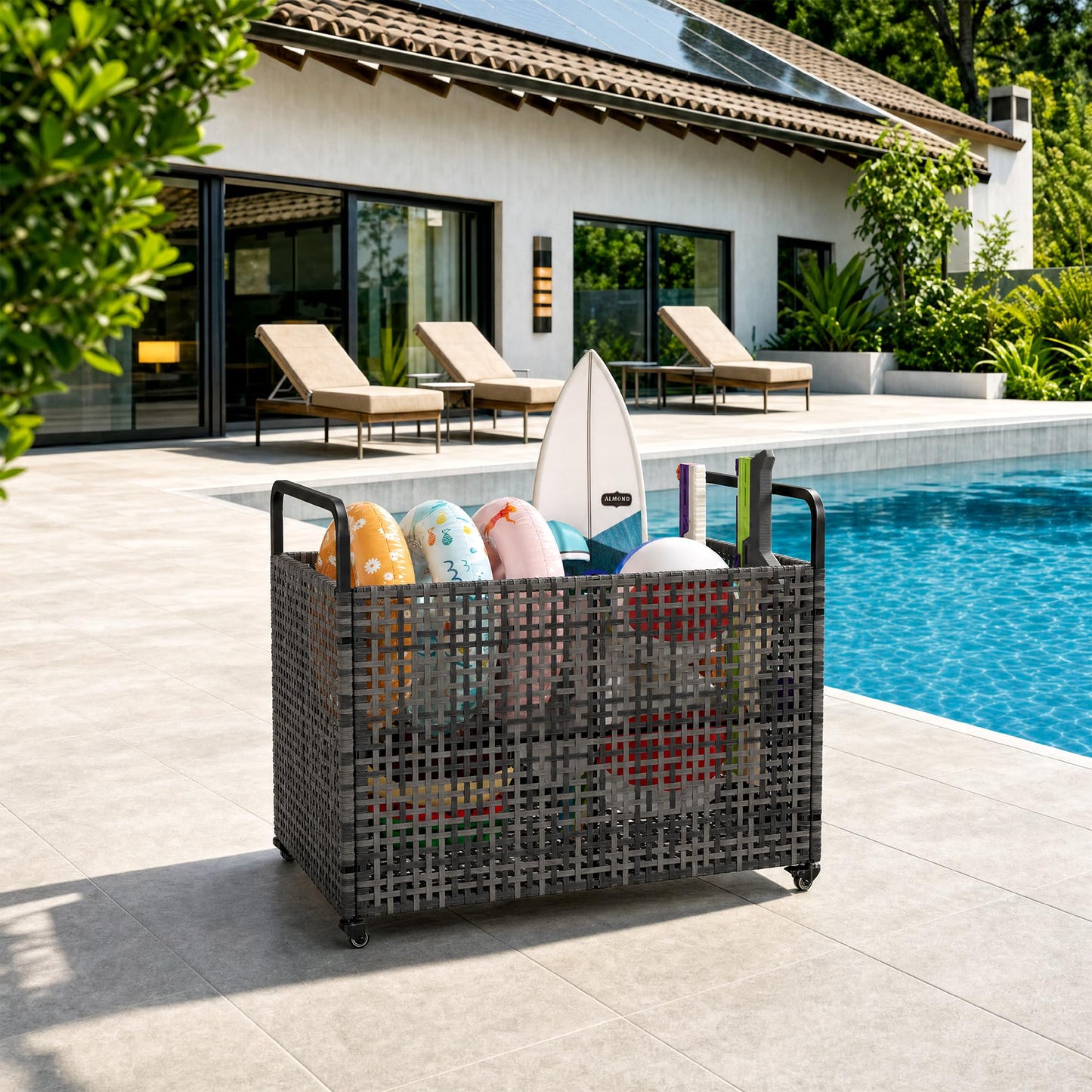 GarveeLife Heavy Duty Poolside Rattan Storage Bin Organizer, Outdoor Rolling Cart with Wheels & 2 Handles, Mesh Ventilated Pool Float Storage Rack for Noodles, Toys, Floats, Balls, Equipment, Brown