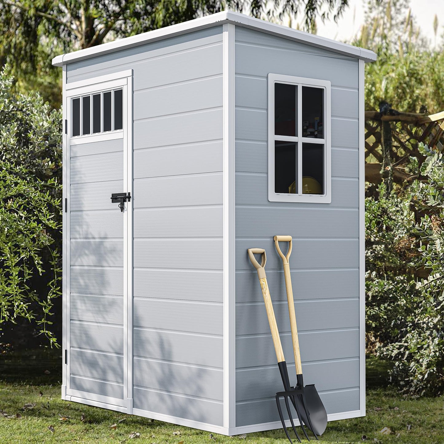 DWVO Outdoor Storage Shed, All-Weather Resin Plastic Storage Shed with Windows, Slanted Roof, Raised Floor, Capacity for Garden Tools & Equipment, Ideal for Backyard & Garden (Gray, 5X3FT)