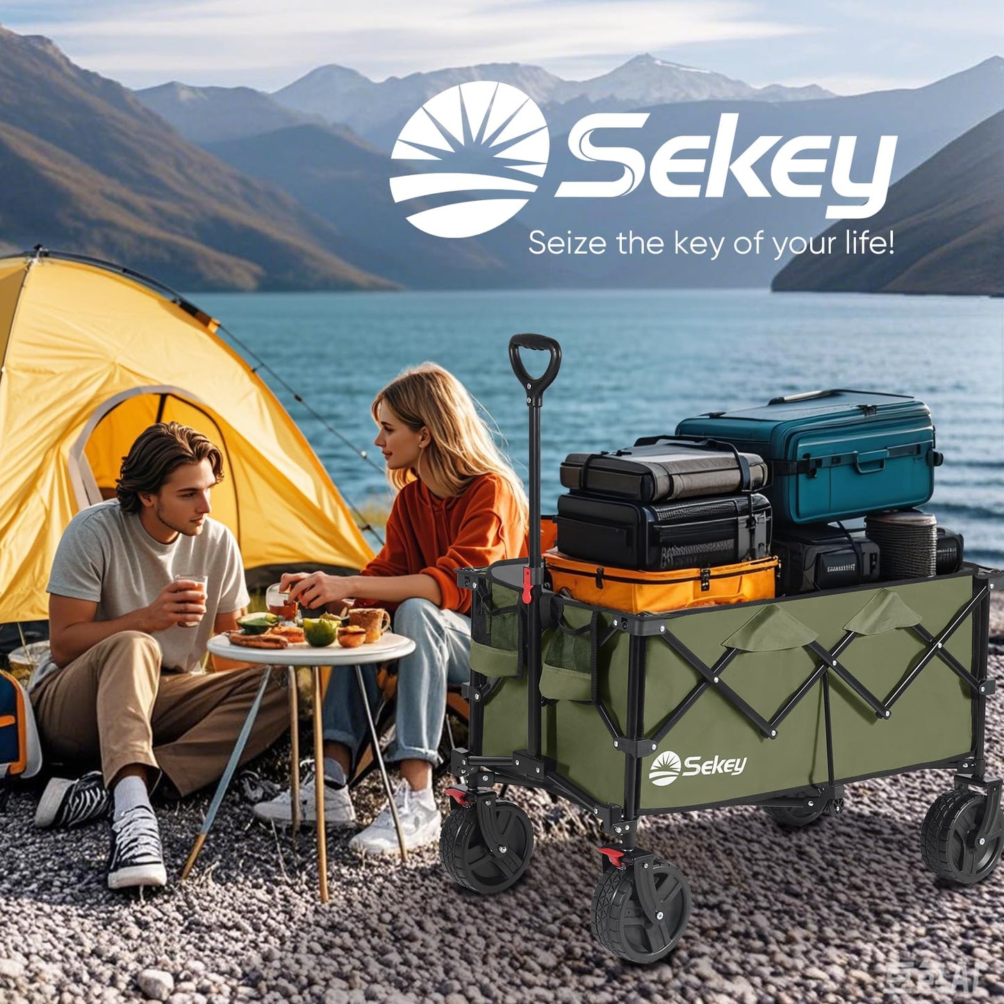Sekey 220L Wagons Carts Foldable with Big All-Terrian Beach Wheels, Collapsible Heavy DutyWagon with Cup Holders, Extra Large Folding Wagon,Foldable Wagon for Camping, Garden, Sports. Khaki