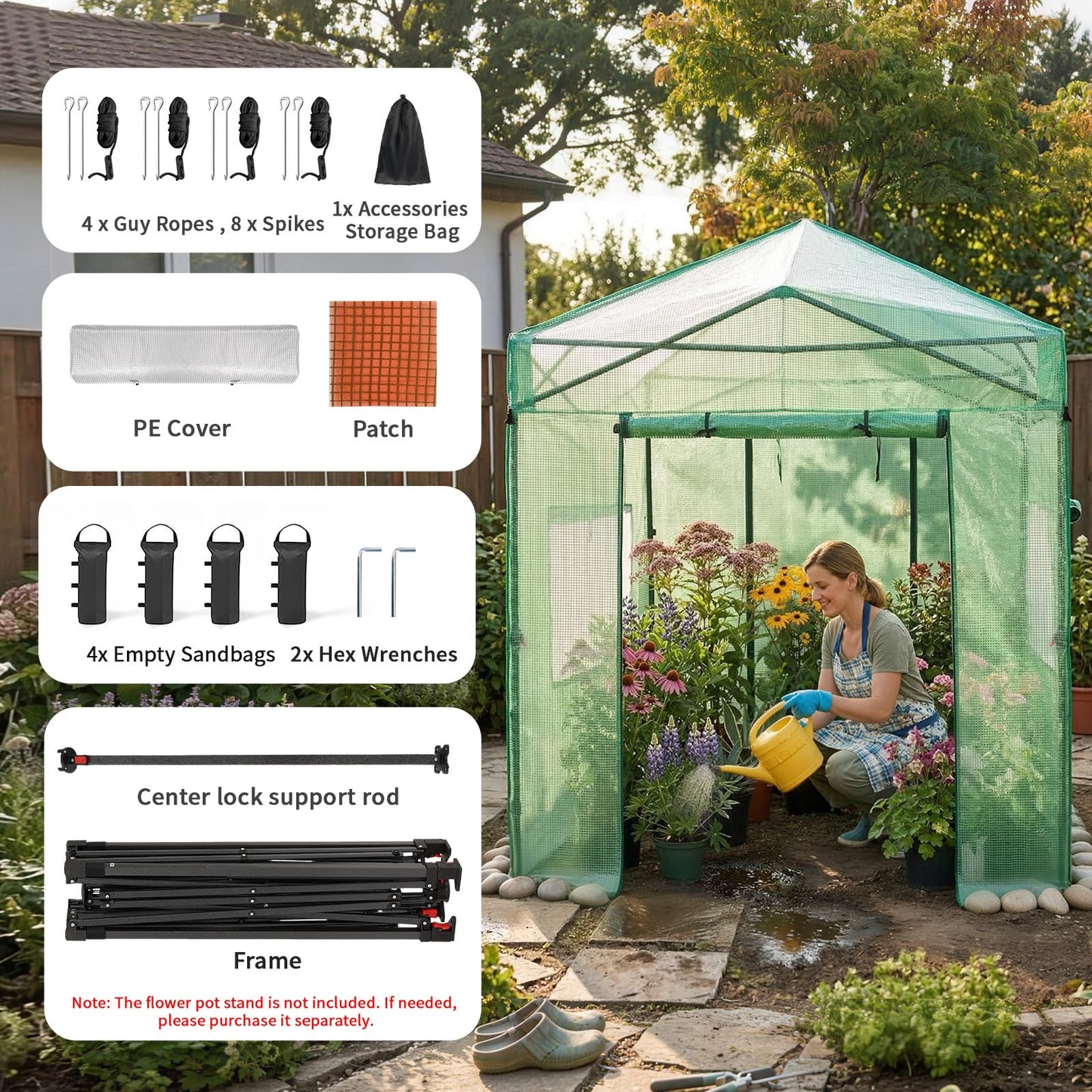 CROWN SHADES 8x6 Walk-in Greenhouse,Pop Up Portable Greenhouse with Center Lock One Push Instant,Outdoor Greenhouse Kit with Roll-Up Door,Mesh Windows&Adjustable Height for Backyard Garden(Green)