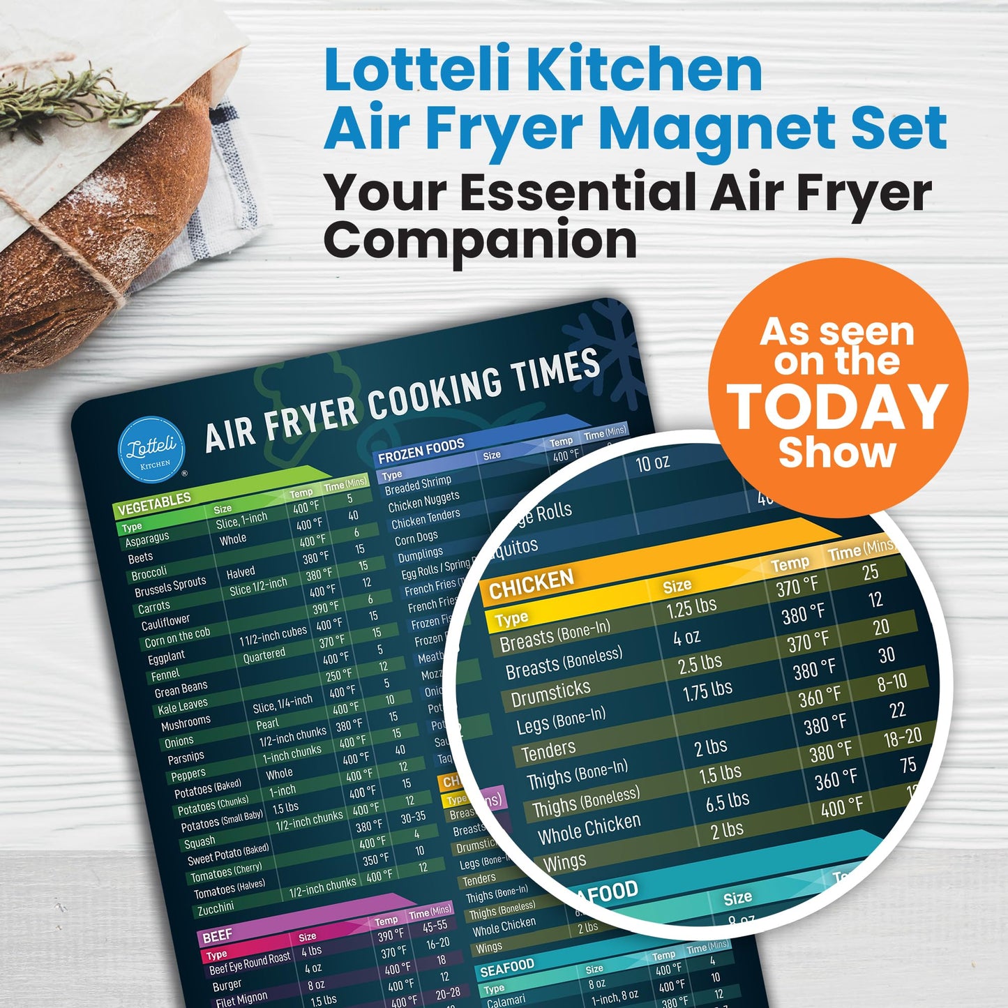 Air Fryer Magnetic Cheat Sheet Set - Air Fryer Accessories Cookbook - As Seen on the Today Show an Easy to Use AirFryer Time Chart Set - Strong Magnet Quick Reference Cooking Guide for Frying (Black)