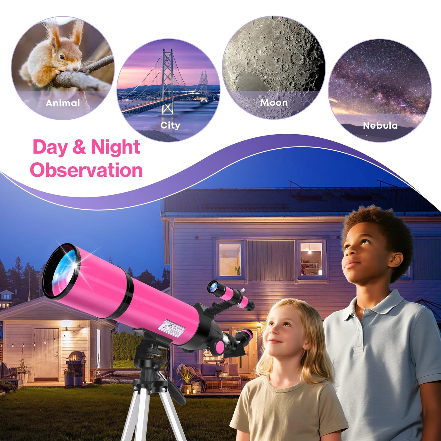 Telescope for Adults High Powered, 80mm Aperture 600mm Telescopes for Astronomy Adults&Kids&Beginners, Portable Travel Refractor Telescope with Tripod&Phone Adapter&Bag for Ground&Moon Viewing, Pink