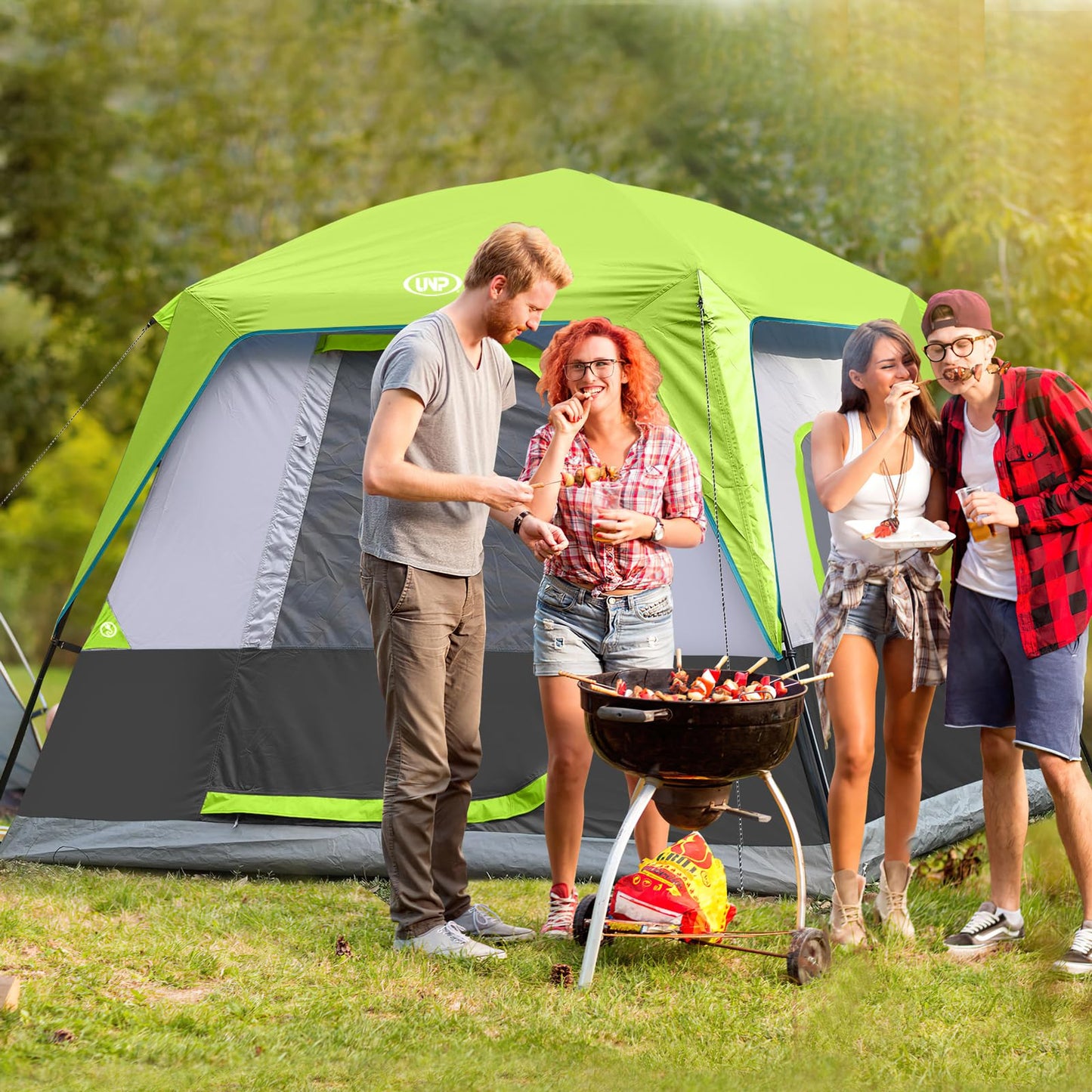 UNP 4-Person Tent, Portable Cabin Tent, Camping Tent 4-Person Easy Set Up, Waterproof with Top Rainfly for Outdoor Camping/Hiking (Fluorescent Green)