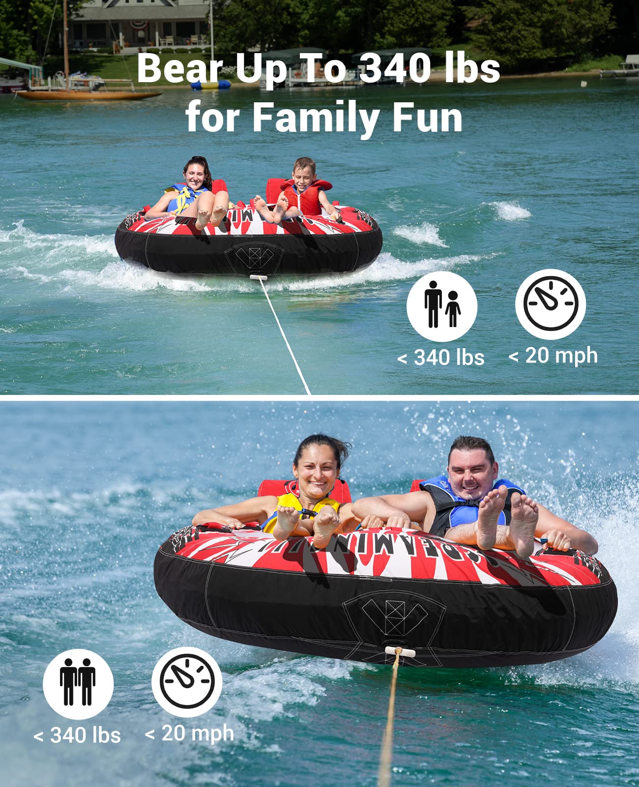 ZOOMBROS Towable Tube for Boating 2-Person, Secure Cockpit Seating for Kids & Family Safety, Heavy-Duty Water Sport Towables Large Capacity with Quick Connector, Less Drag
