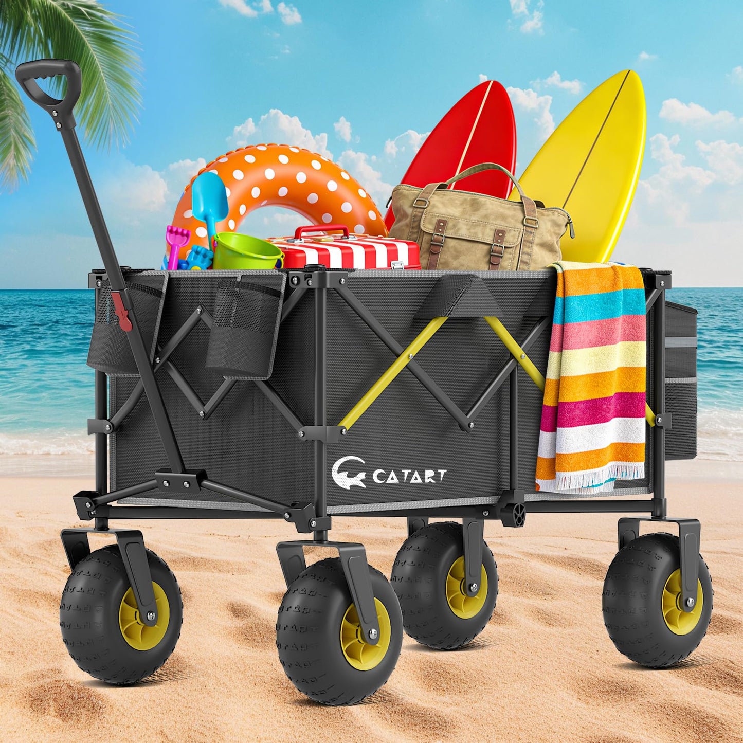 CAtArt Beach Wagon with Big Wheels for Sand, 400LBS Heavy Duty Foldable Wagons Carts, 9" All-Terrain PVC Inflatable Tires, Easy Storage for Beach, Grocery Shopping, Sports Camping (Black)